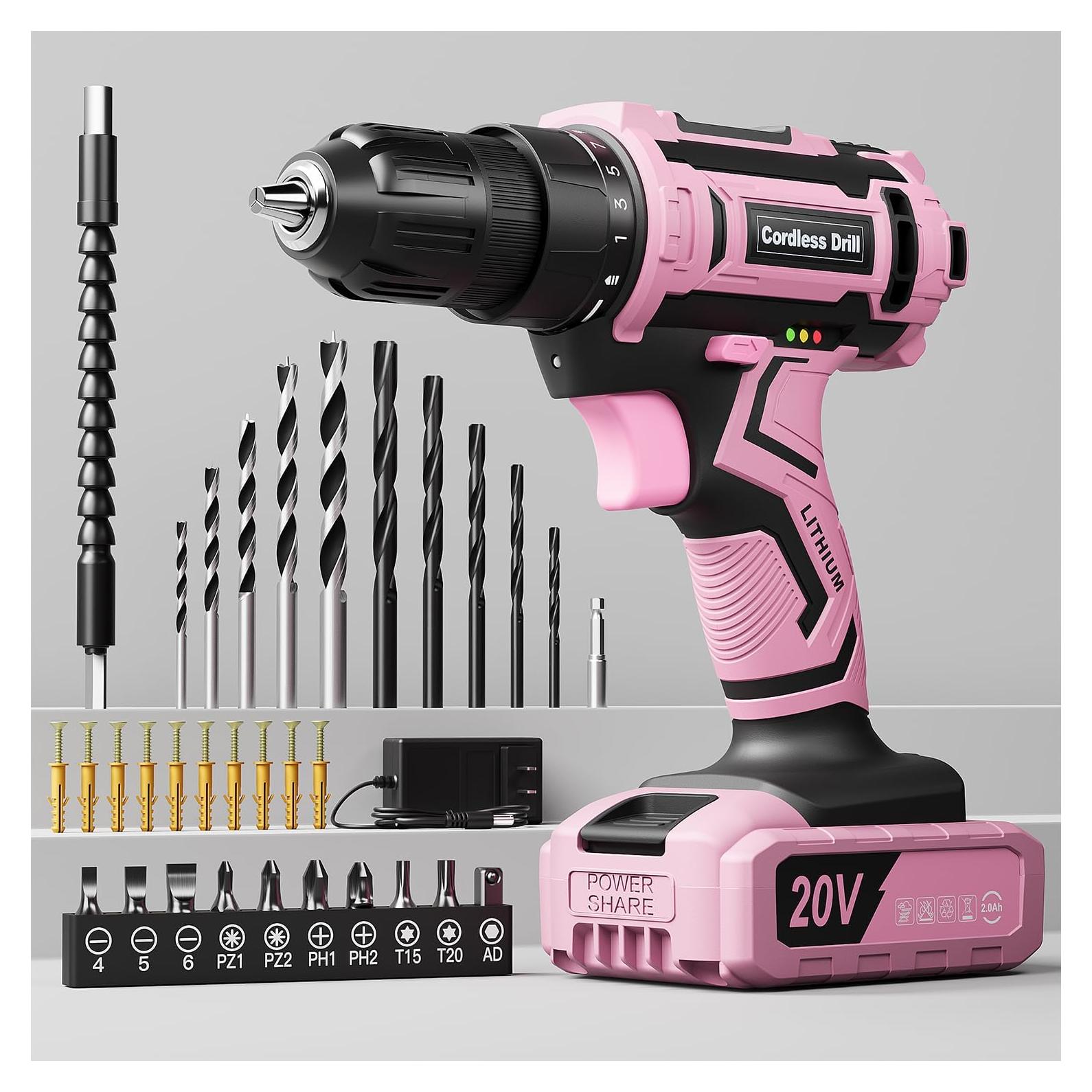 Taladro Inalámbrico VIWKO Rosa 20V con 42 Accesorios