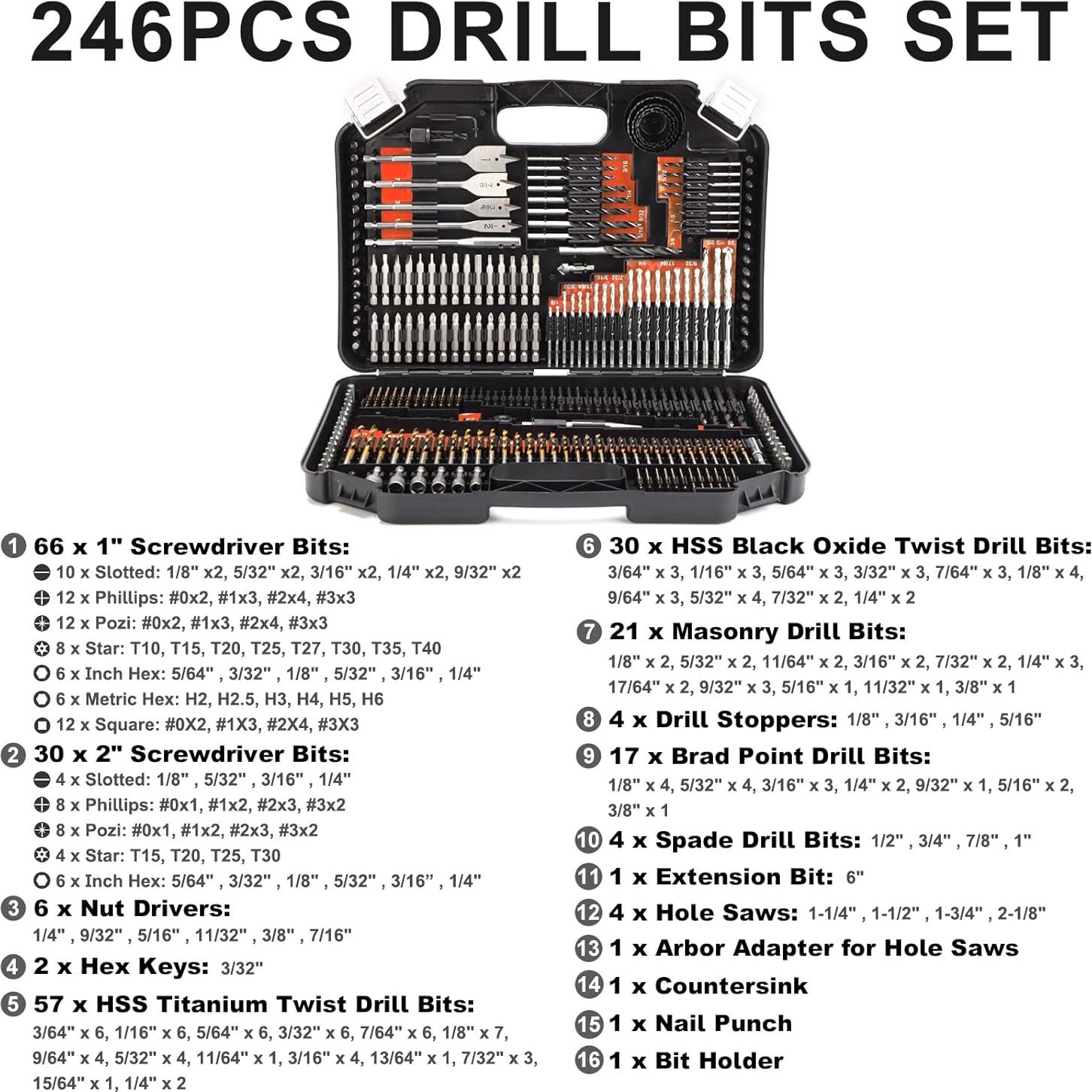 Juego de Brocas COMOWARE 246 Piezas para Taladro Inalámbrico