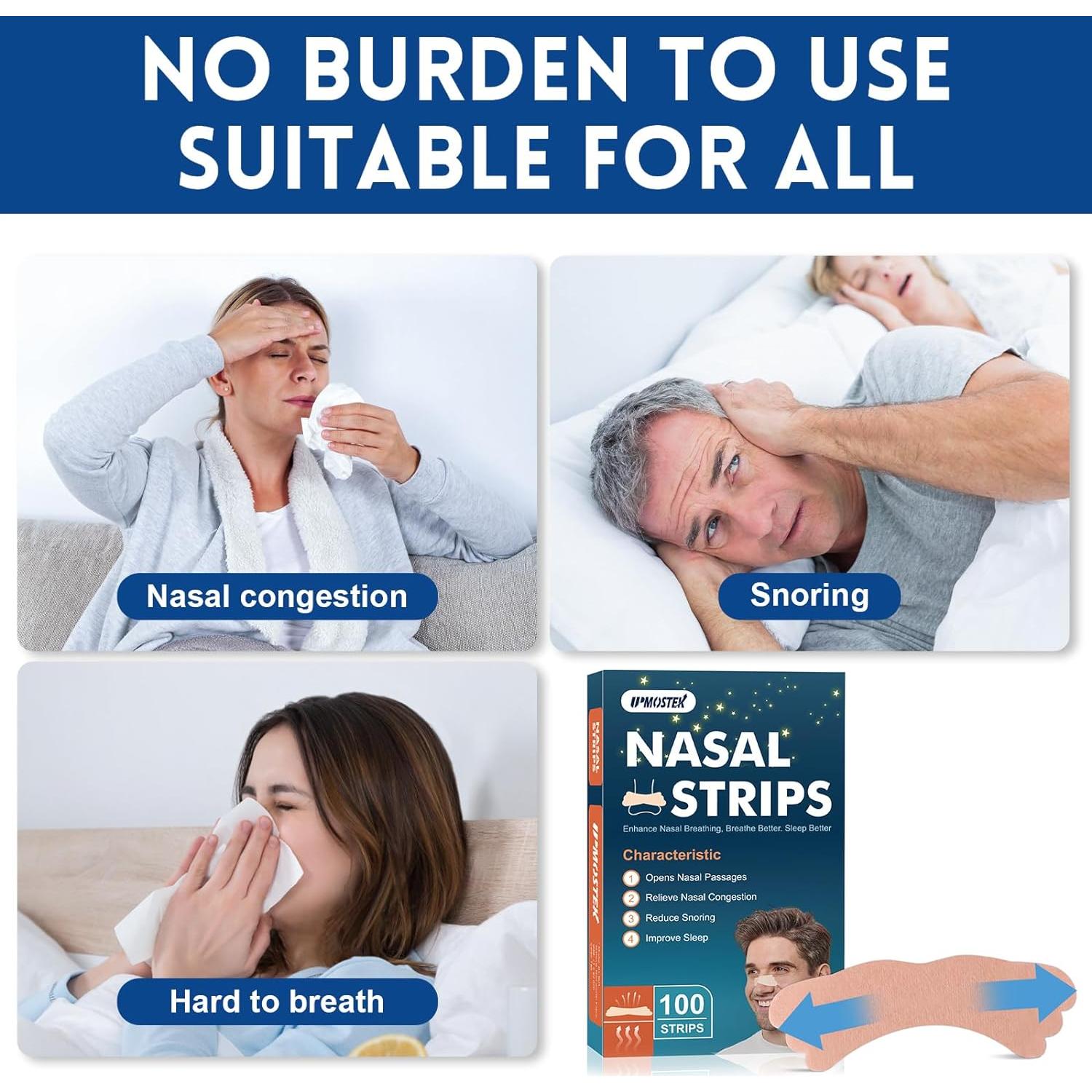 100 Tiras Nasales Antironquidos UPMOSTEK - Alivio Congestión