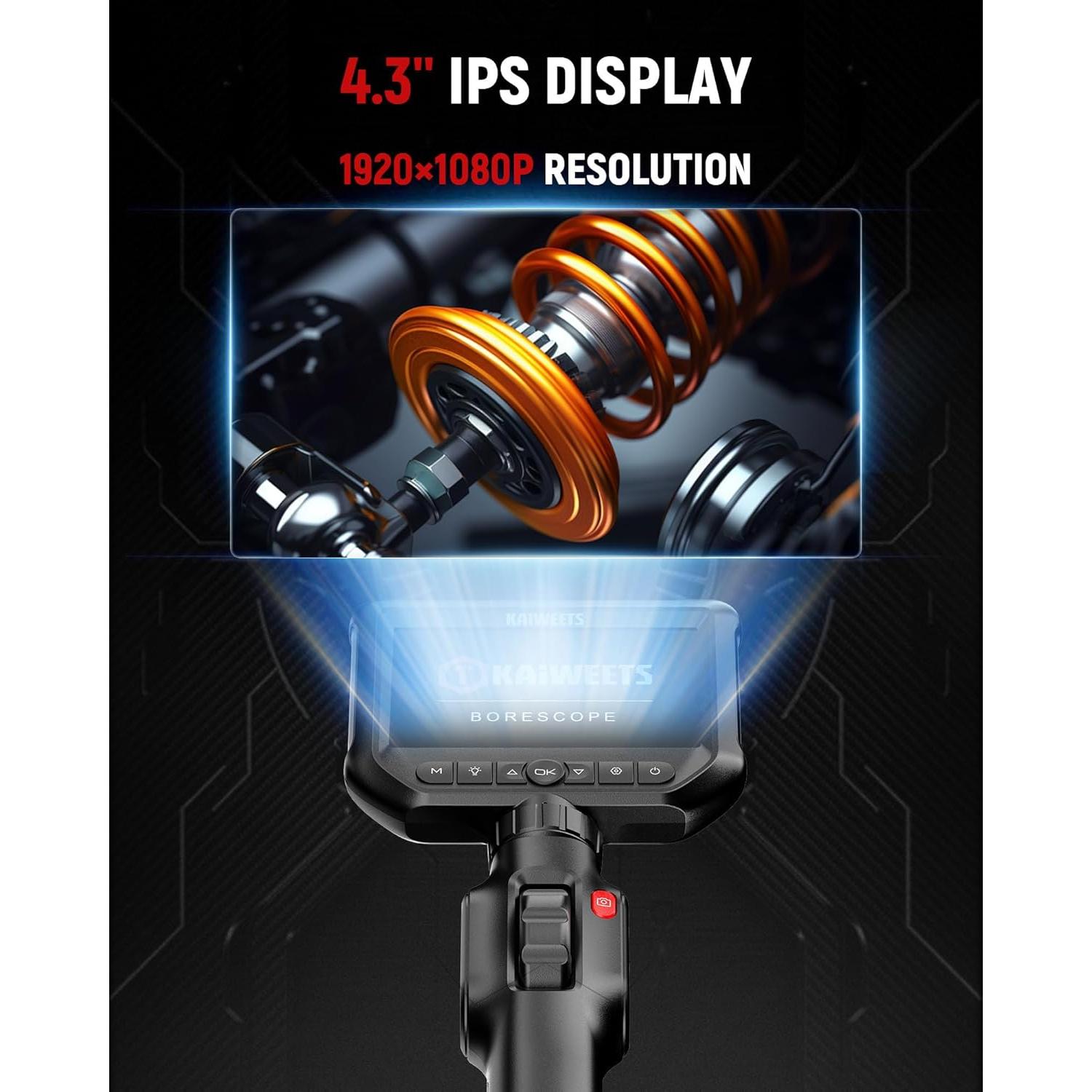 Borescopio Articulado KAIWEETS 1.52m con Luz LED y Pantalla IPS