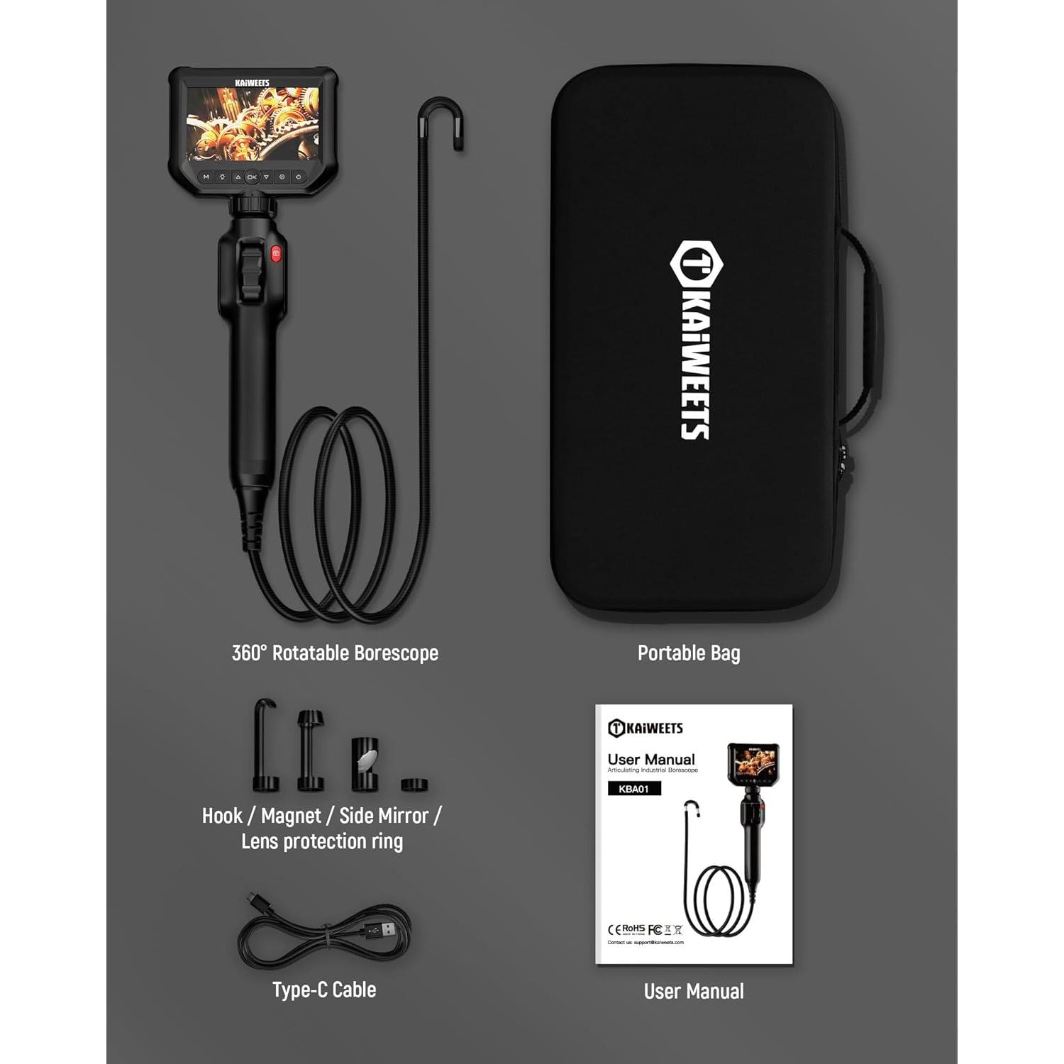 Borescopio Articulado KAIWEETS 1.52m con Luz LED y Pantalla IPS