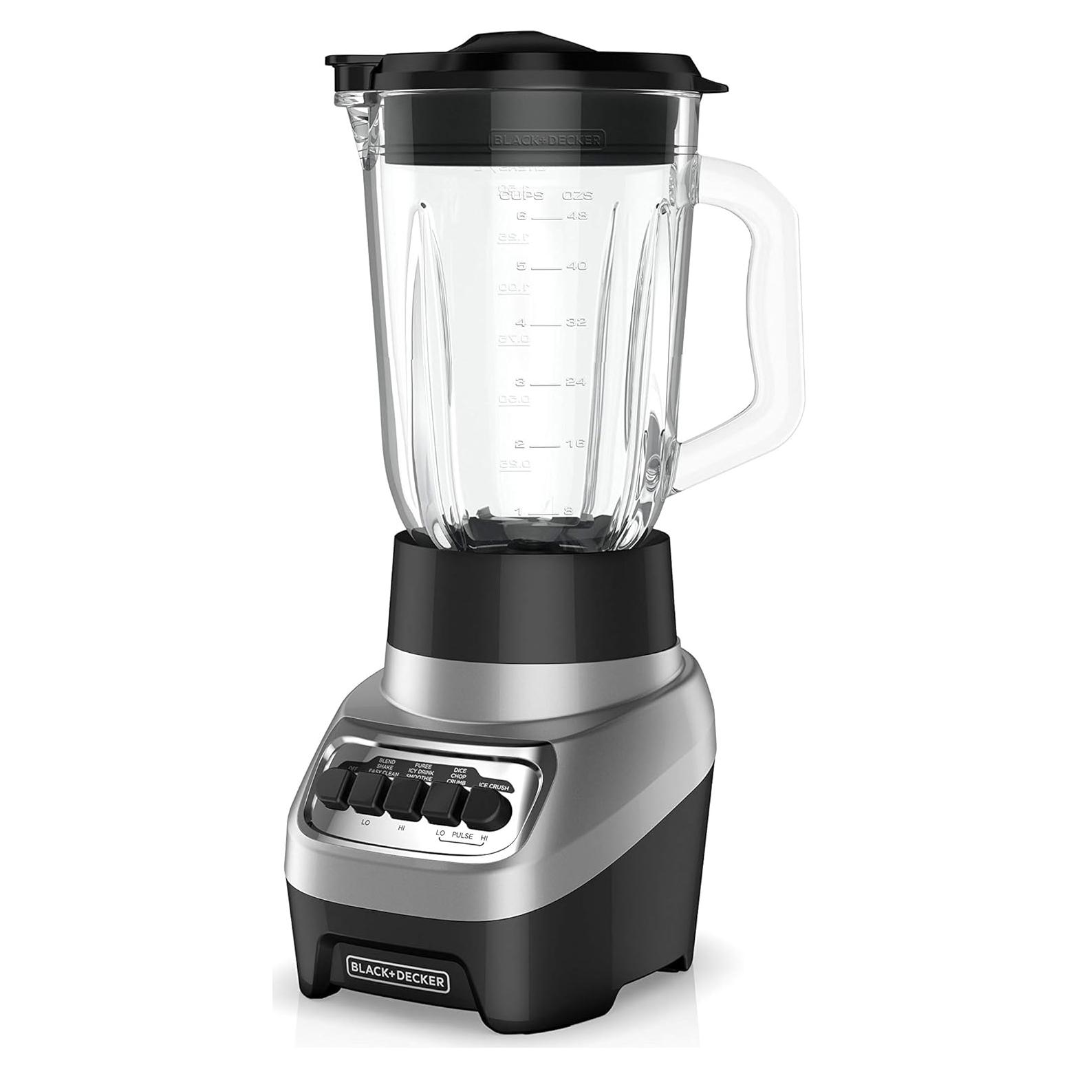 BLACK+DECKER PowerCrush Countertop Blender, 6-Cup Glass Jar, For Smoothies and More, Stainless Steel Blade, 4 Speed Settings to Puree, Crush Ice, Chop, Dice, and Pulse, Dishwasher Safe, 700W Motor