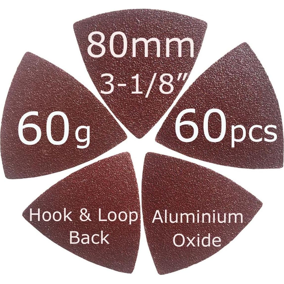XXGO 3-1/8" 80mm 60 Pcs 60 Grits Triangular Hook & Loop Abrasive Multi Tool Sandpaper for Wood Sanding Fit 3-1/8 Inch Oscillating Multi Tool Sanding Pads XG802060
