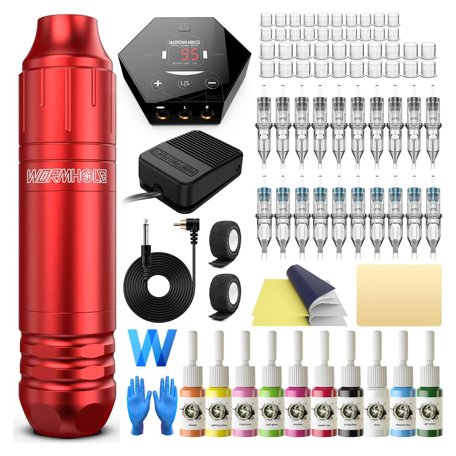 Kit de Tatuaje Wormhole WTK144 con Pluma, 20 Agujas y 10 Tintas