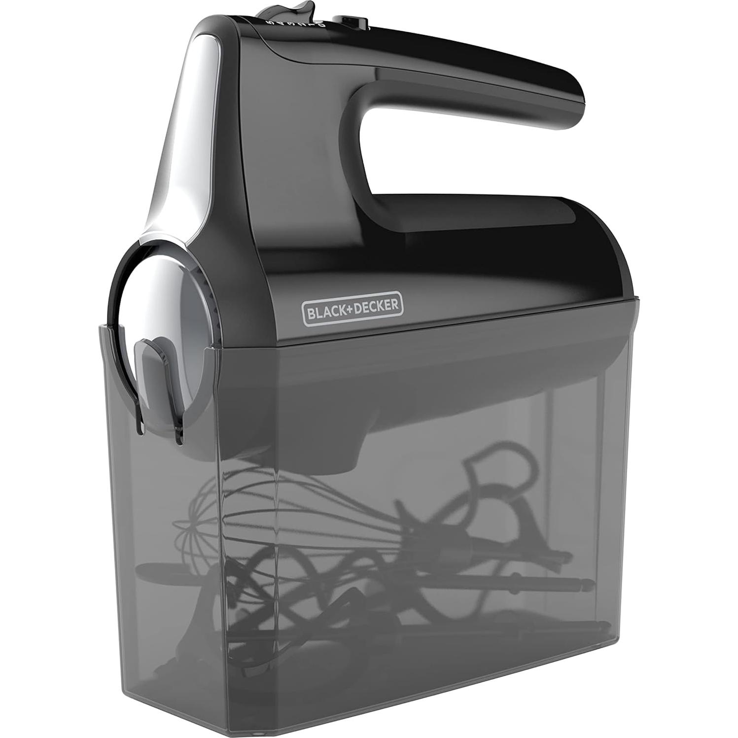 BLACK+DECKER 5 Speed Electric Hand Held Mixer, HELIX beaters, Whisk, and Dough Hook Attachments, Turbo Boost, Snap-On Storage Case