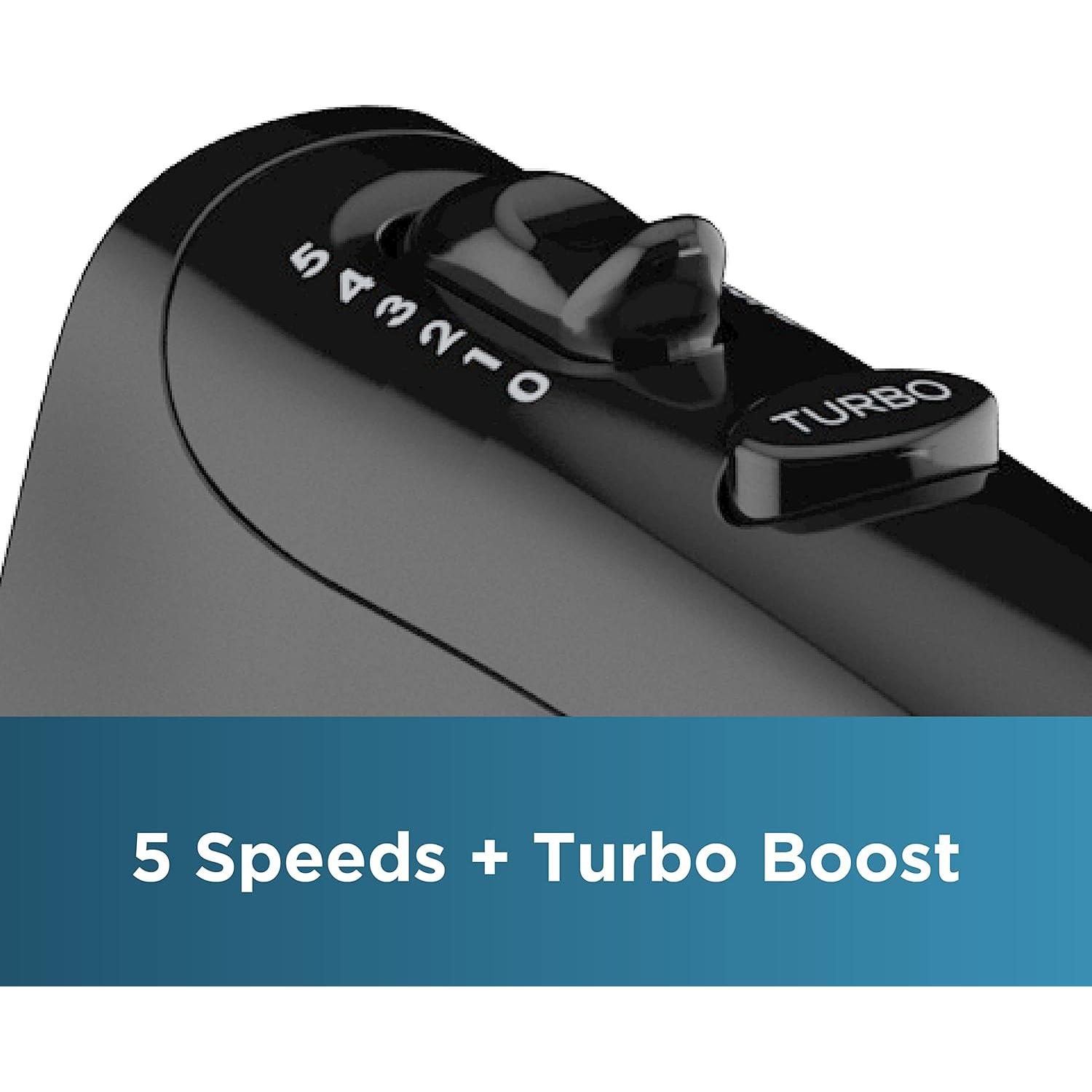 BLACK+DECKER 5 Speed Electric Hand Held Mixer, HELIX beaters, Whisk, and Dough Hook Attachments, Turbo Boost, Snap-On Storage Case