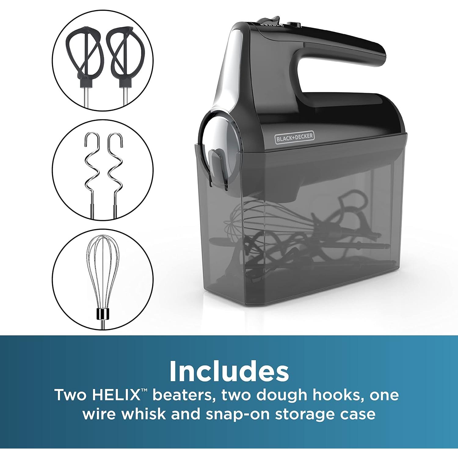 BLACK+DECKER 5 Speed Electric Hand Held Mixer, HELIX beaters, Whisk, and Dough Hook Attachments, Turbo Boost, Snap-On Storage Case