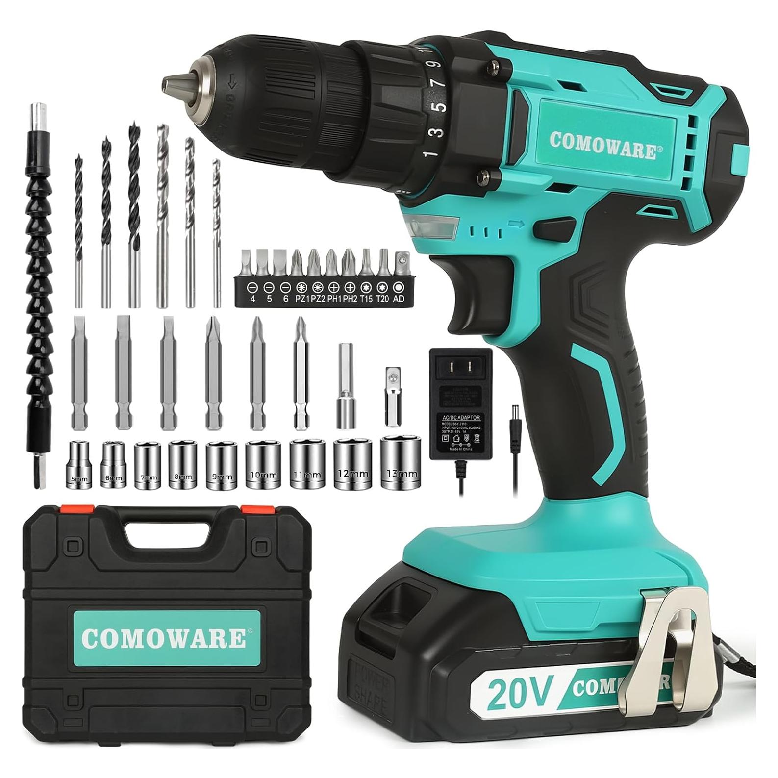 Taladro Inalámbrico COMOWARE 20V con Batería y Accesorios