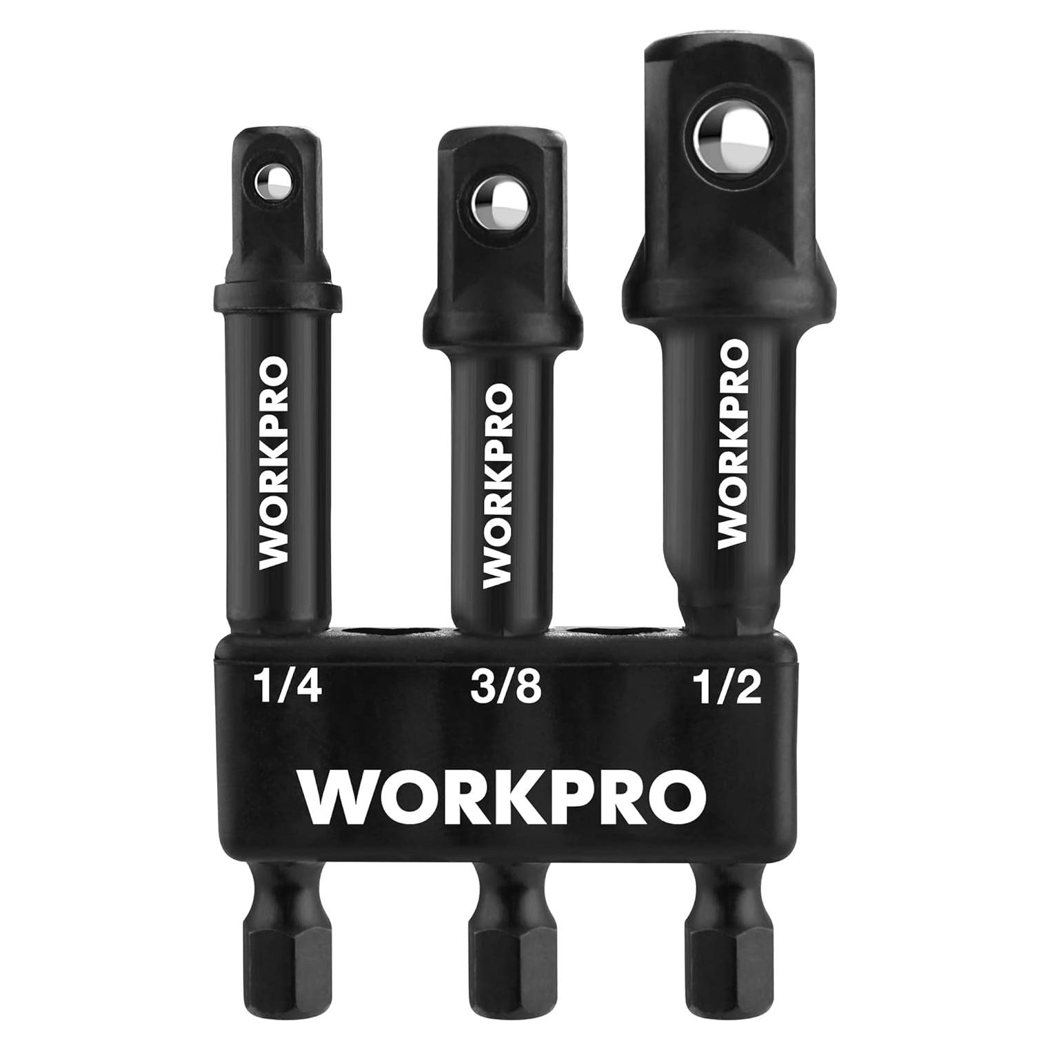 WORKPRO Juego de Adaptadores de Enchufe 3 Piezas 1/4 3/8 1/2 Pulgada