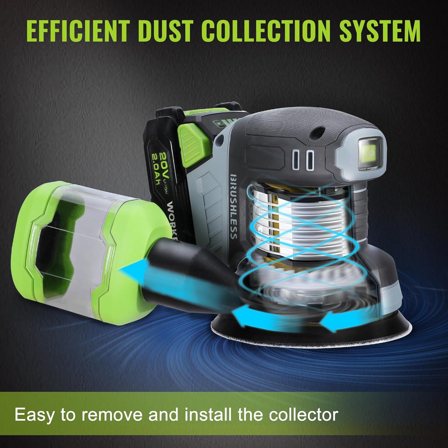 WORKPRO Cordless Random Orbital Sander Brushless 6 Variable Speeds 6000 to 12000 OPM, 20V 5in Electric Orbit Sander for Woodworking with Battery, Charger, Dust Collector, Tool Bag,15 Pcs Sanding Discs