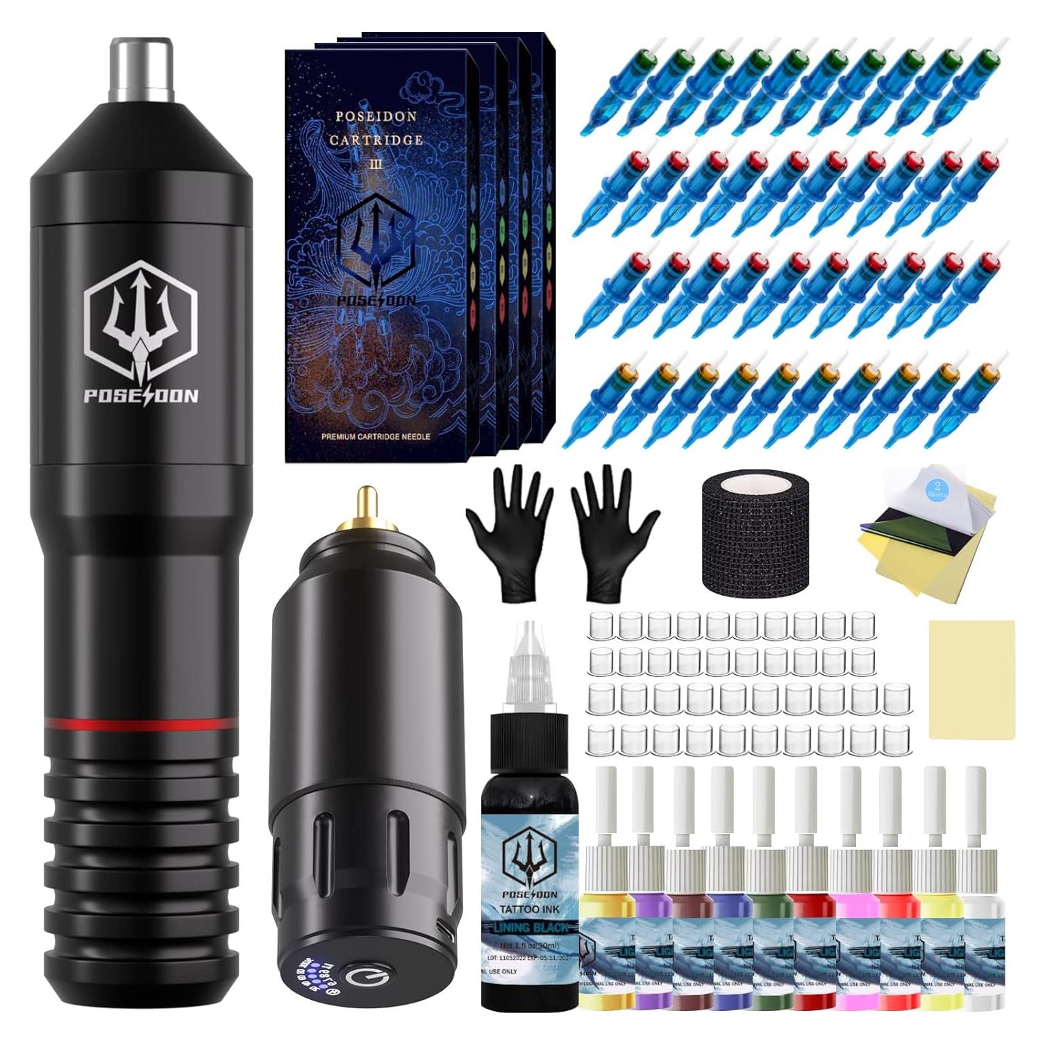 Kit de Tatuaje Inalámbrico Poseidon con 40 Agujas y Fuente de Poder