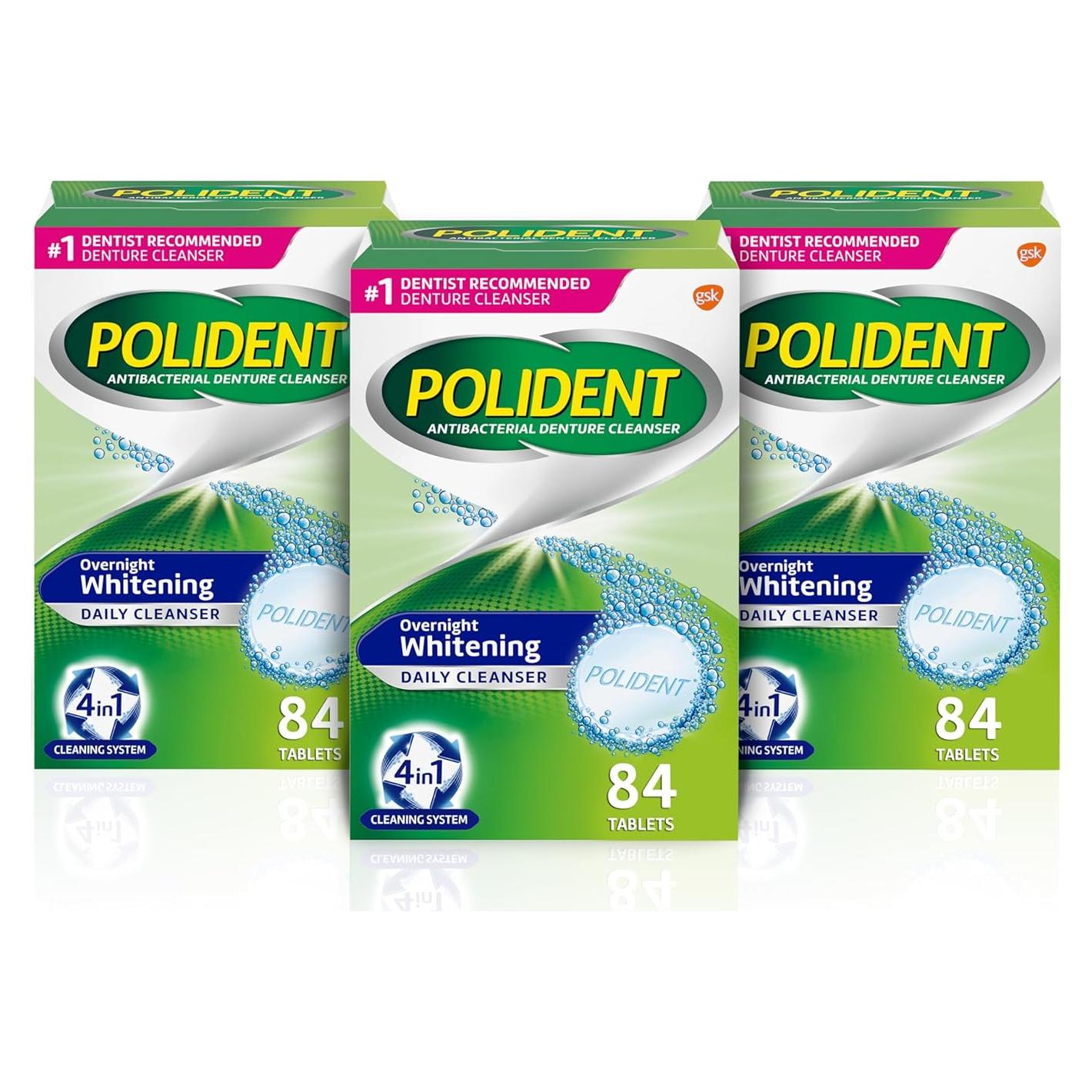 Tabletas Limpiadoras de Dentaduras Polident Blanqueadoras 84 Unidades