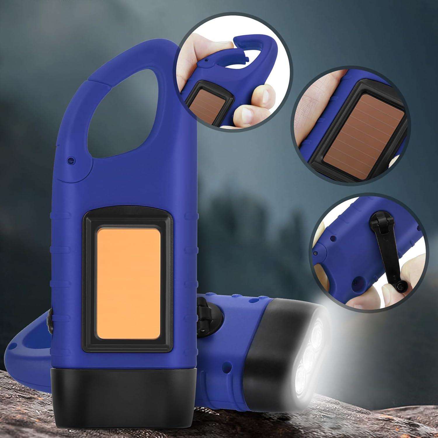 Simpeak 2-Pack Hand Crank Solar Powered LED Flashlight, Emergency Survival Flashlight with Dynamo Torch for Outdoor Sports (Blue)