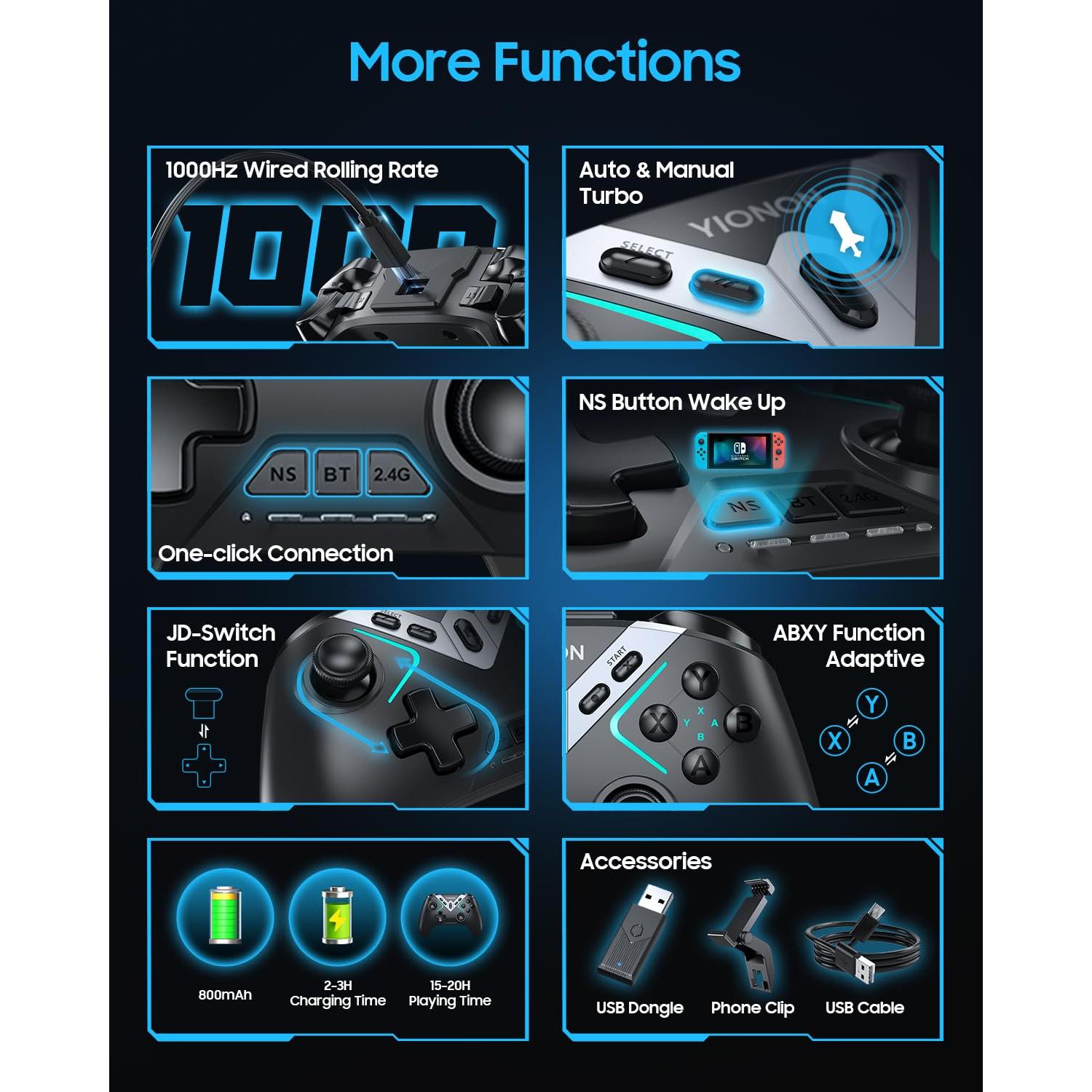 Controlador Inalámbrico Bluetooth YIONON con Efecto Hall y Joysticks