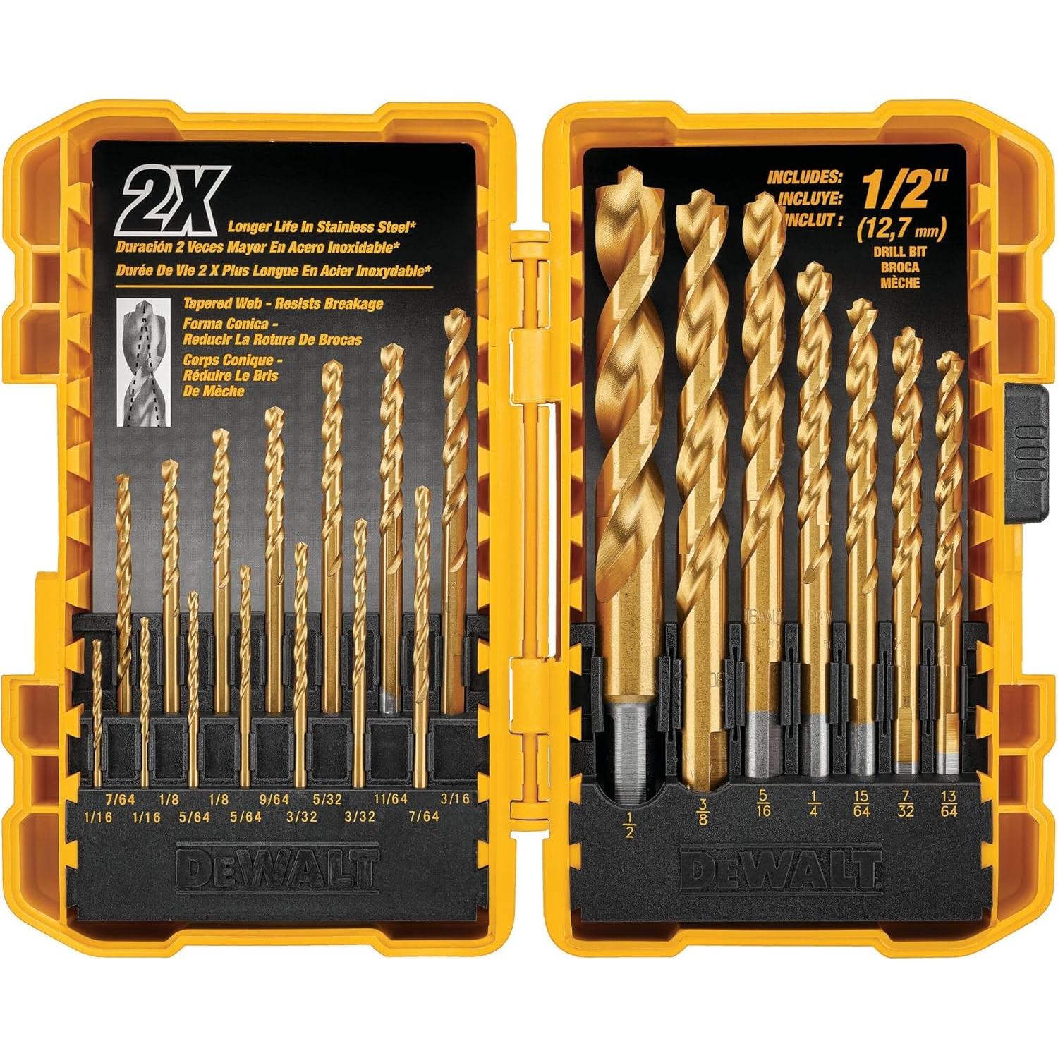 Juego de Brocas DEWALT 21 Piezas Nitruro de Titanio Punta Piloto