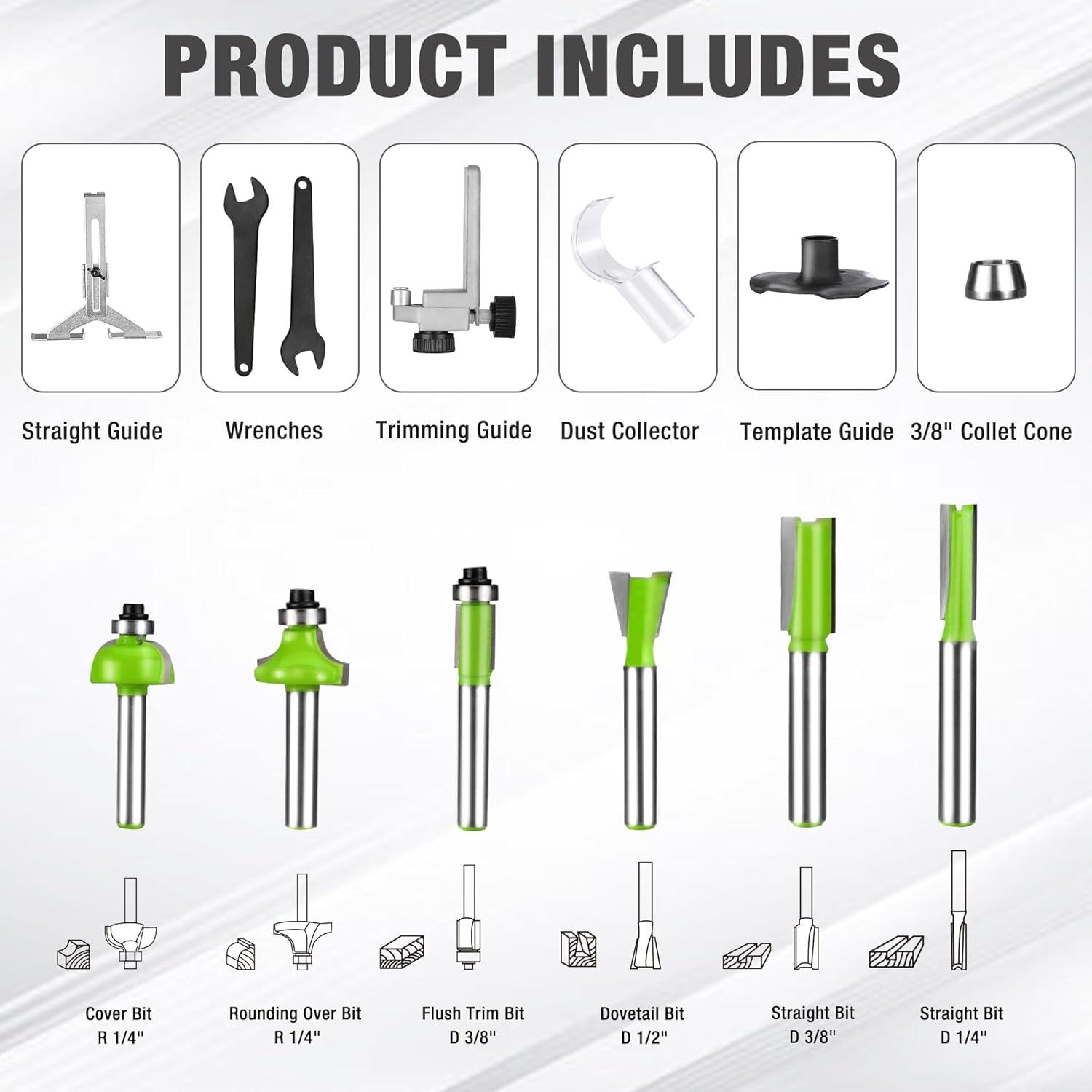 WORKPRO Compact Router Kit, 6.5 Amp Corded Hand Trimmer Router Tool, 6 Variable Speeds Wood Router for Woodworking Slotting Trimming