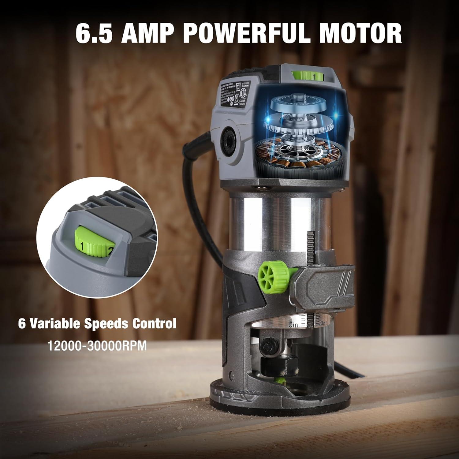 WORKPRO Compact Router Kit, 6.5 Amp Corded Hand Trimmer Router Tool, 6 Variable Speeds Wood Router for Woodworking Slotting Trimming