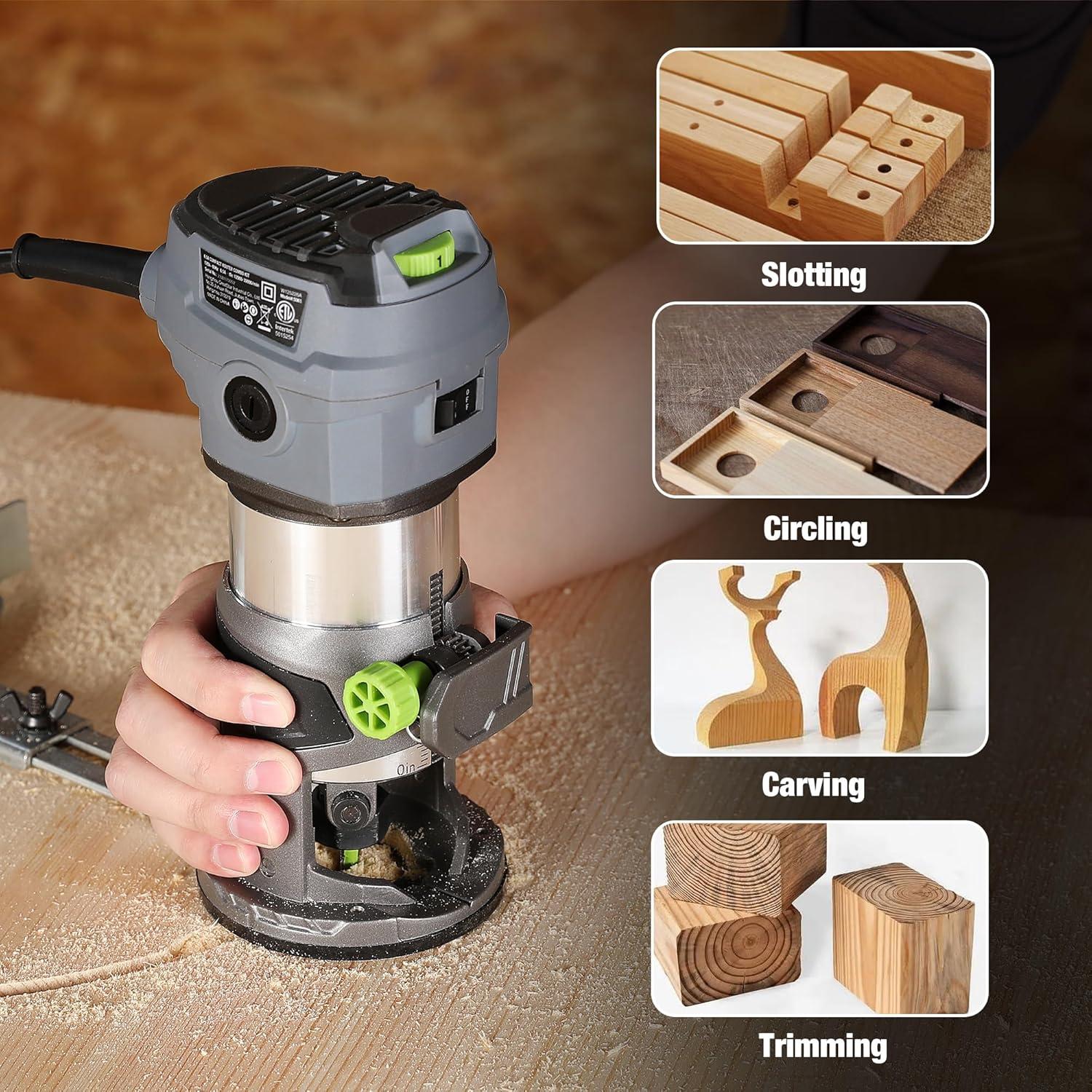 WORKPRO Compact Router Kit, 6.5 Amp Corded Hand Trimmer Router Tool, 6 Variable Speeds Wood Router for Woodworking Slotting Trimming