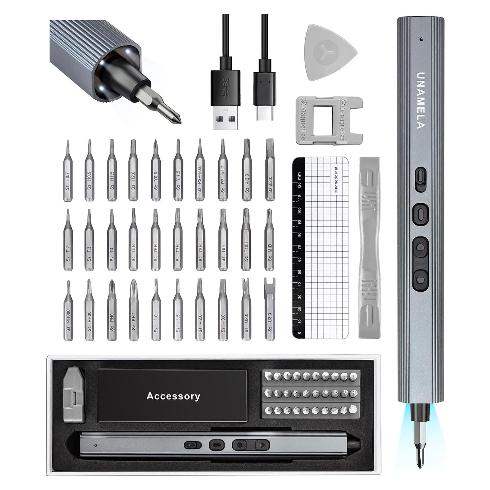 Mini Electric Screwdriver Set Upgraded: UnaMela Small Electric Precision Screwdriver Cordless - 30 S2 Bits, 3 Torque Settings, 4 LED Lights, Power Screwdriver Repair Tool Kit for PC RC Electronics