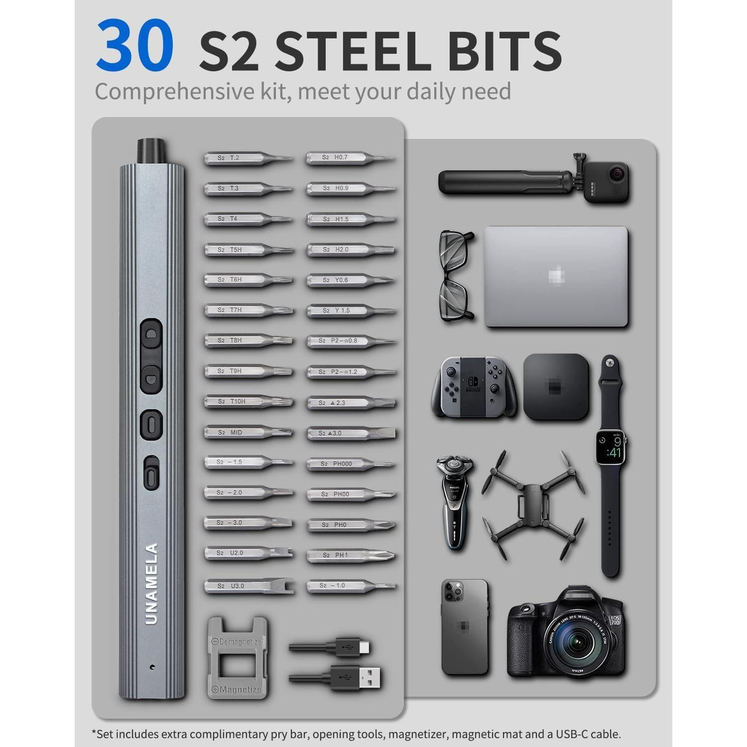 Mini Electric Screwdriver Set Upgraded: UnaMela Small Electric Precision Screwdriver Cordless - 30 S2 Bits, 3 Torque Settings, 4 LED Lights, Power Screwdriver Repair Tool Kit for PC RC Electronics