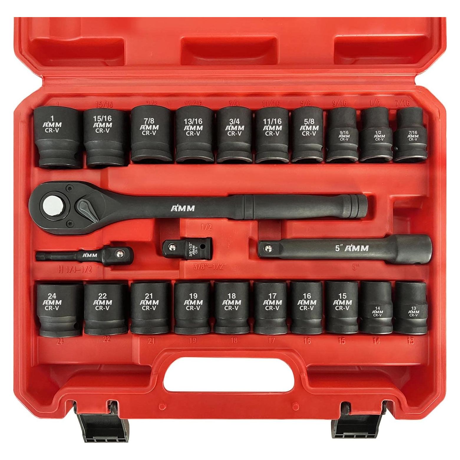 Juego de Enchufes de Impacto AMM 1/2" 24 Piezas Cr-V