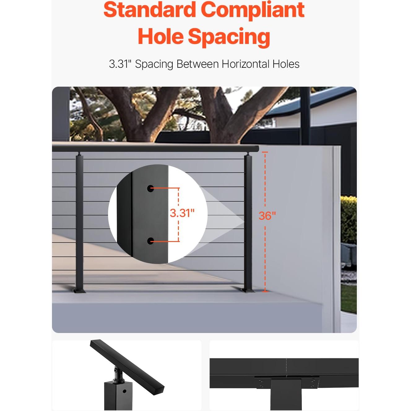 VEVOR 4 Pack Cable Railing Post, 36"x1"x2" Level Drilled Deck Railing Post, Stainless Steel Black Cable Railing System Kit for Indoor Outdoor Deck Balcony, 4JZLGZXHS914UUOI6001V0