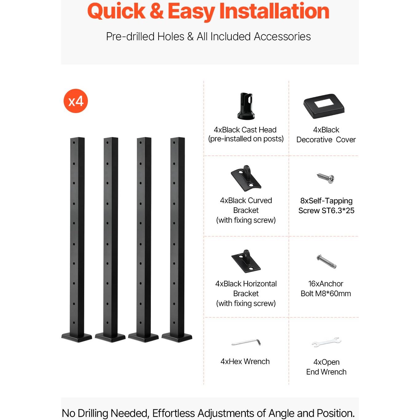 VEVOR 4 Pack Cable Railing Post, 36"x1"x2" Level Drilled Deck Railing Post, Stainless Steel Black Cable Railing System Kit for Indoor Outdoor Deck Balcony, 4JZLGZXHS914UUOI6001V0