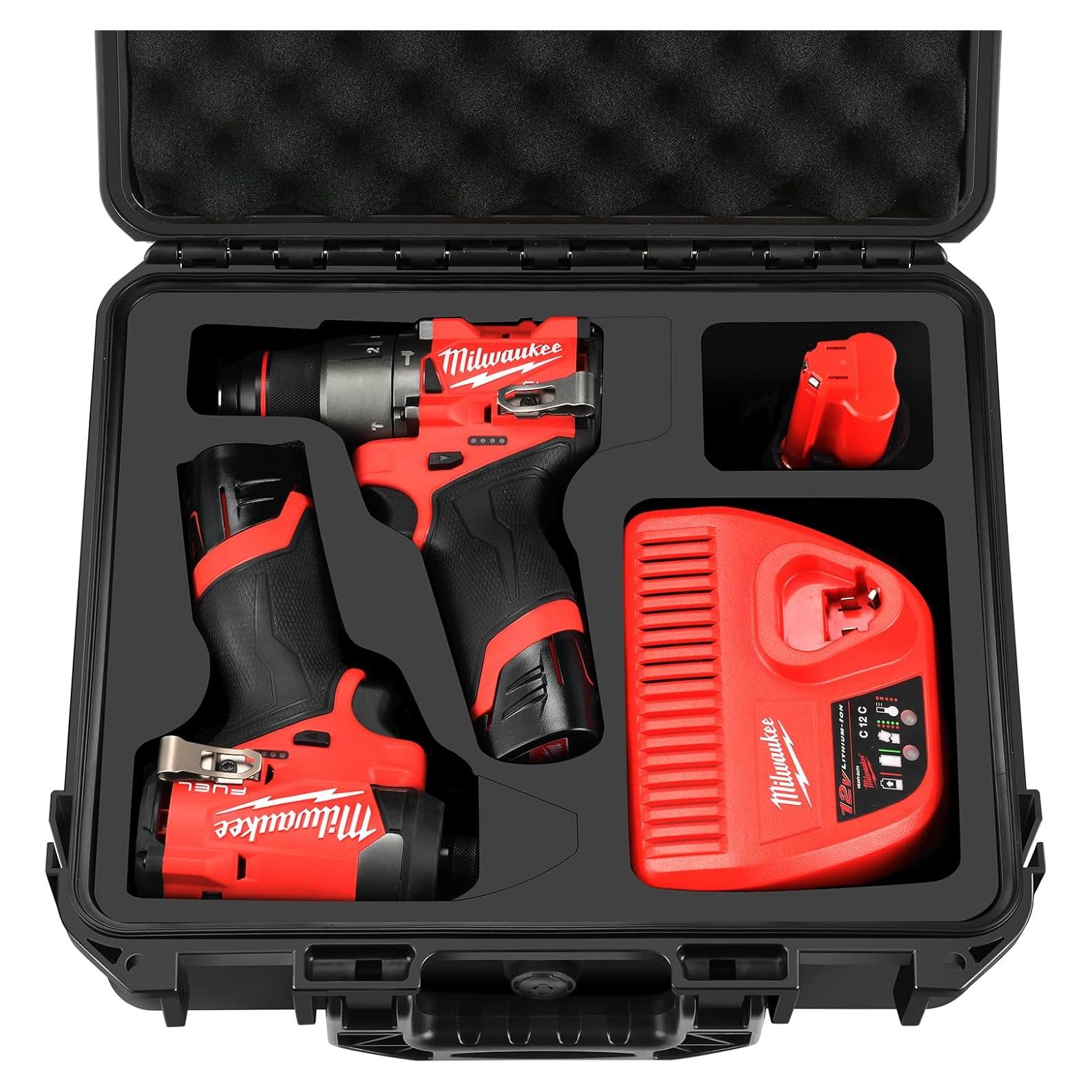 Case for Milwaukee M12 Impact Driver & Drill Set - Waterproof Tool Box with Removable Modules for Milwaukee Fuel Tools Combo Kit, Tool Bag for Hammer Drill/Impact Driver/Battery/Charger (Case Only)