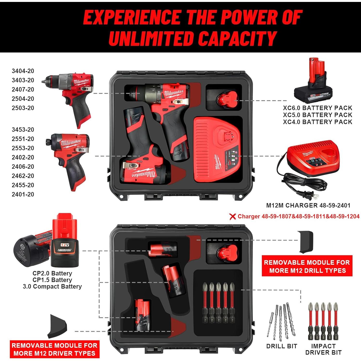 Case for Milwaukee M12 Impact Driver & Drill Set - Waterproof Tool Box with Removable Modules for Milwaukee Fuel Tools Combo Kit, Tool Bag for Hammer Drill/Impact Driver/Battery/Charger (Case Only)