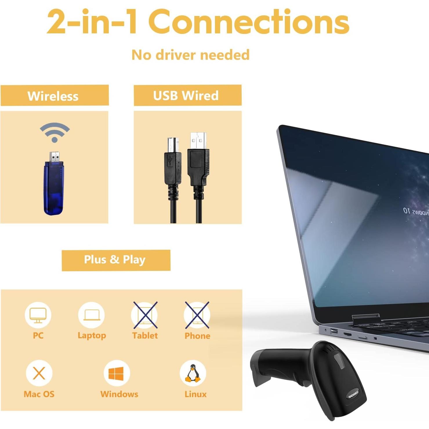 Escáner de Código de Barras Inalámbrico NADAMOO 100m USB