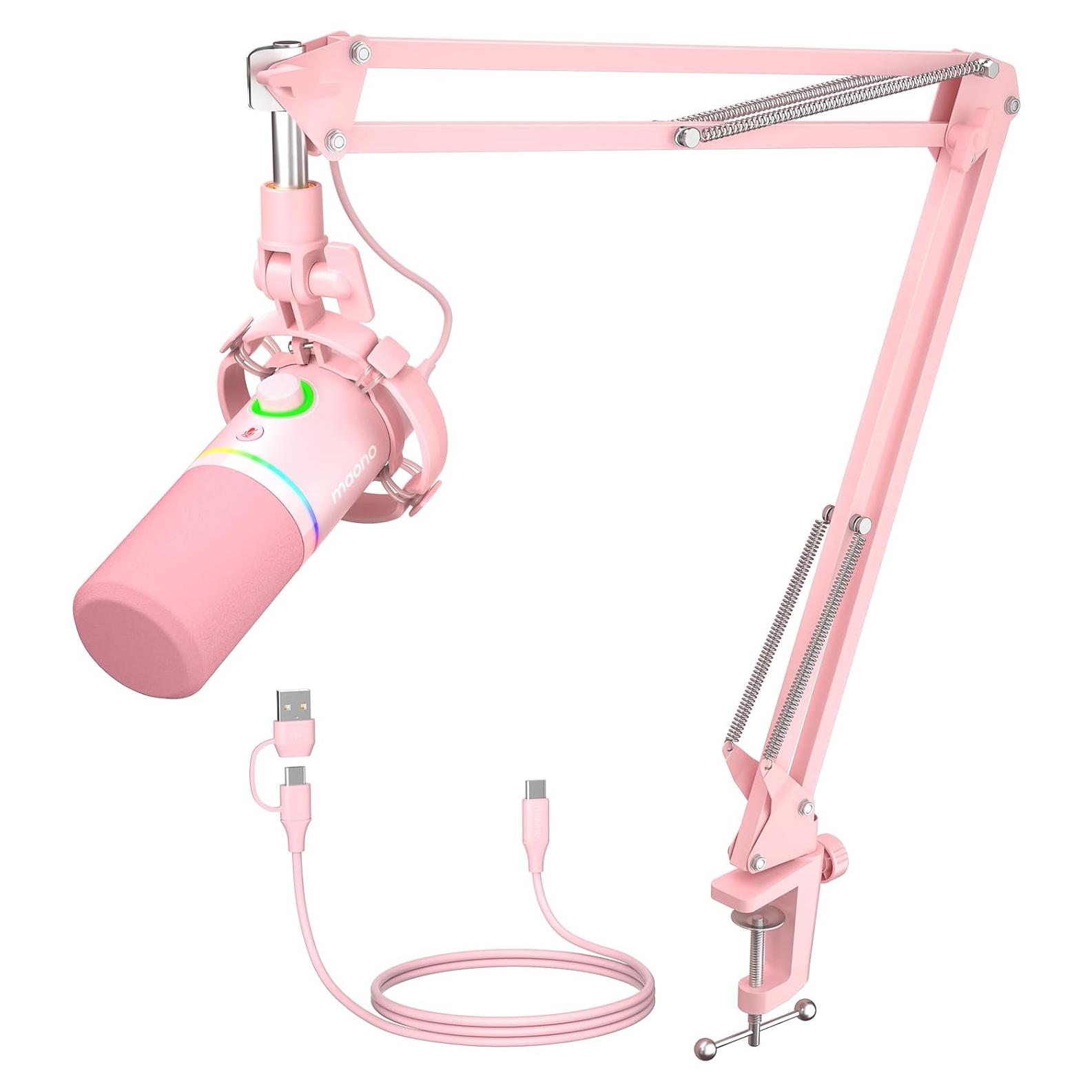 Micrófono Dinámico MAONO PD200XS Rosa con Brazo y RGB