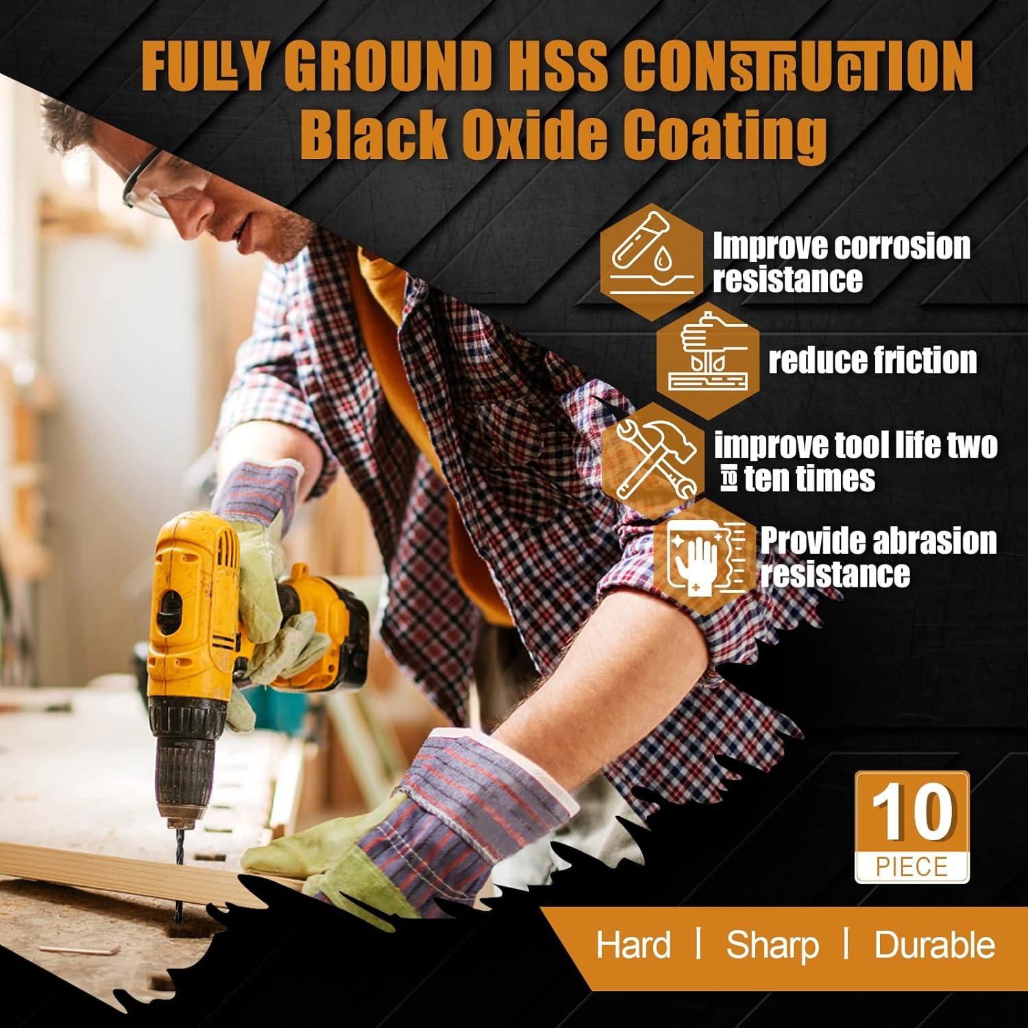 COMOWARE Twist Drill Bit Set- HSS Wood Drill Bit Sets, General Purpose, Black Oxide for Wood Plastic Alloys 10 Pcs