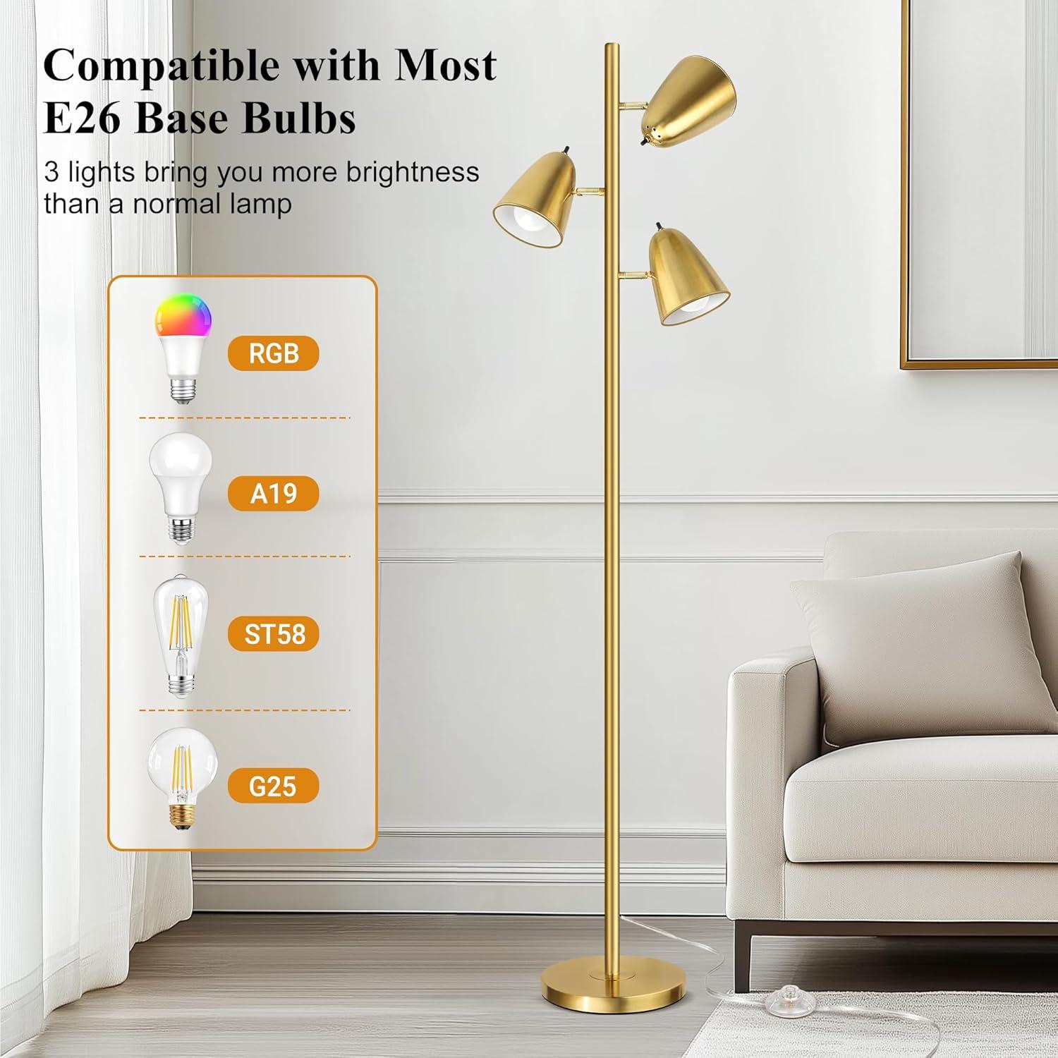 Lámpara de Pie Qimh Oro Cepillado 3 Bombillas LED Ajustables