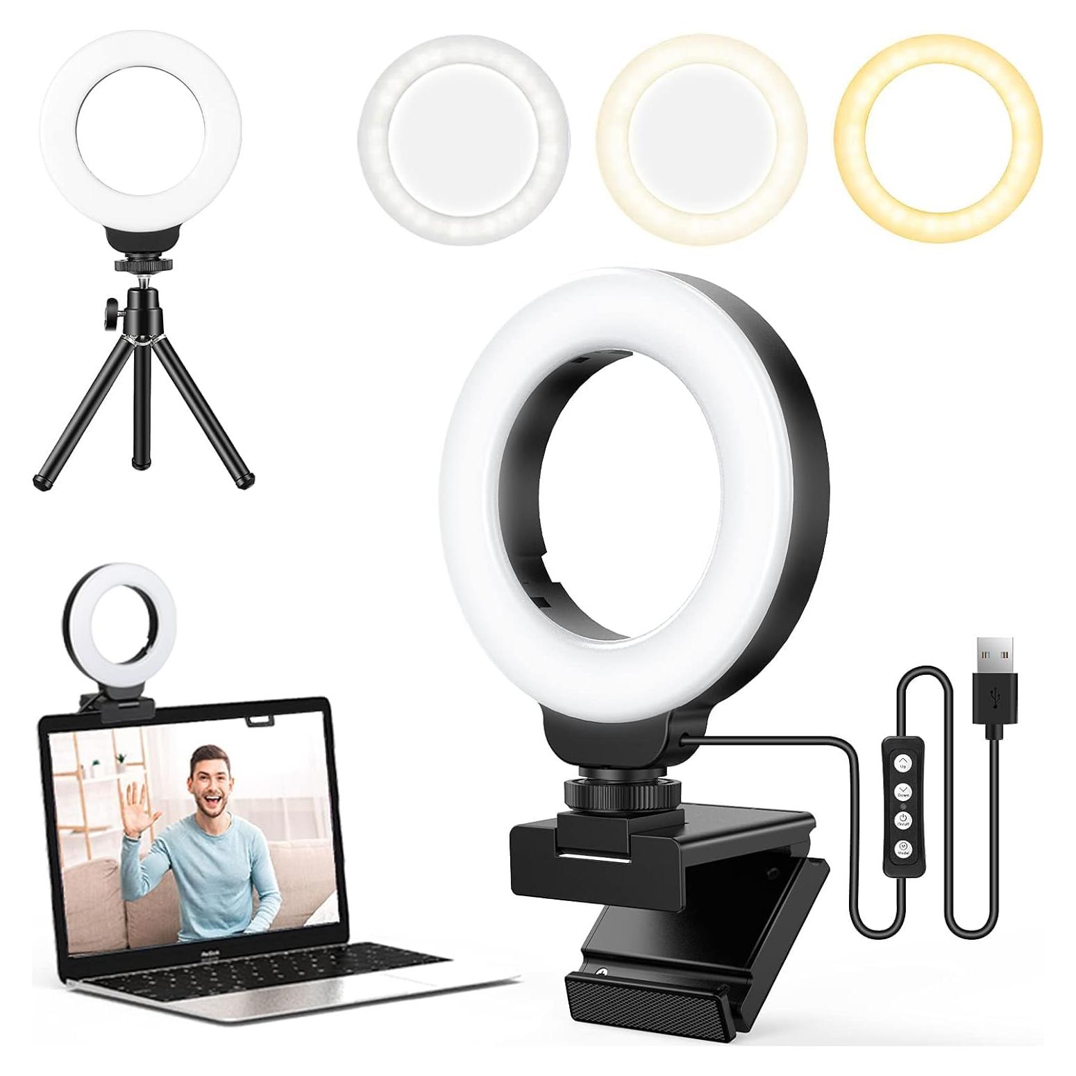 Ring Light for Laptop/Computer,Zoom Call, 4'' Small Video Conference Lighting with Webcam Style Mount and Tripod,3 Light Modes&10 Brightness Levels,Selfie
