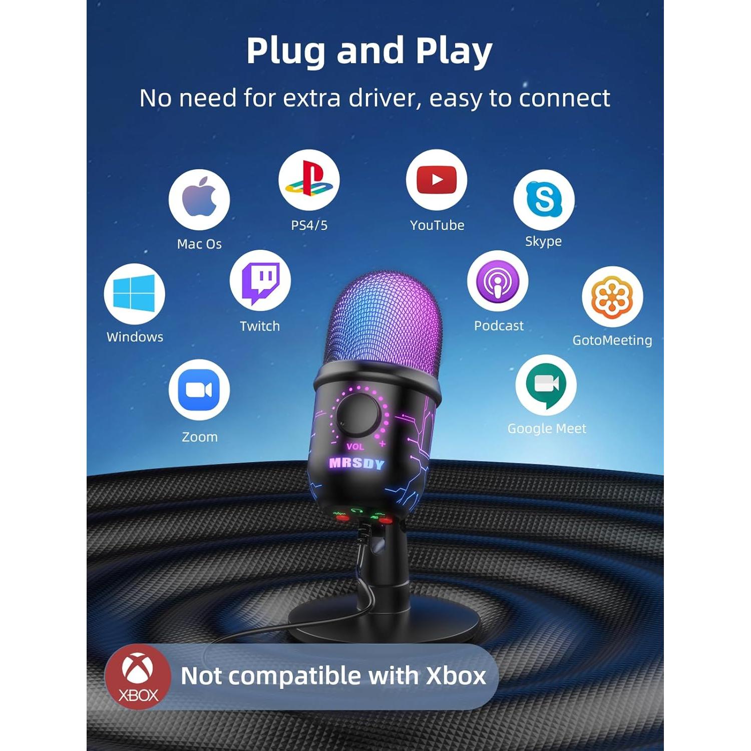 Micrófono USB MRSDY V5-P para Juegos y Podcast, 2m, RGB