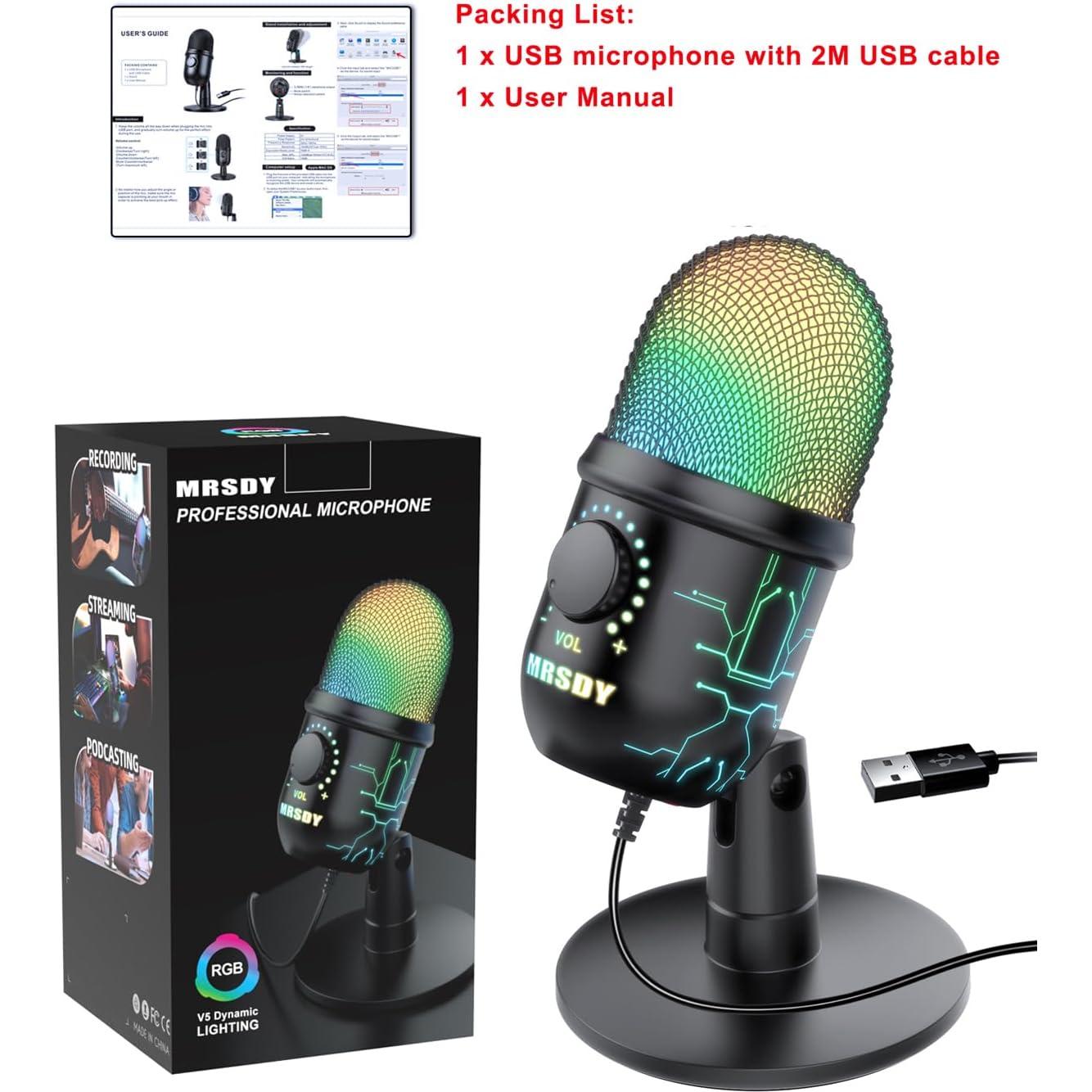 Micrófono USB MRSDY V5-P para Juegos y Podcast, 2m, RGB