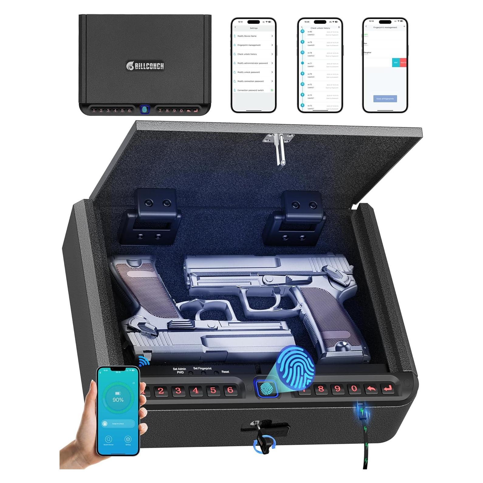 Caja Fuerte Biométrica BILLCONCH para Pistolas - 4 Métodos de Acceso