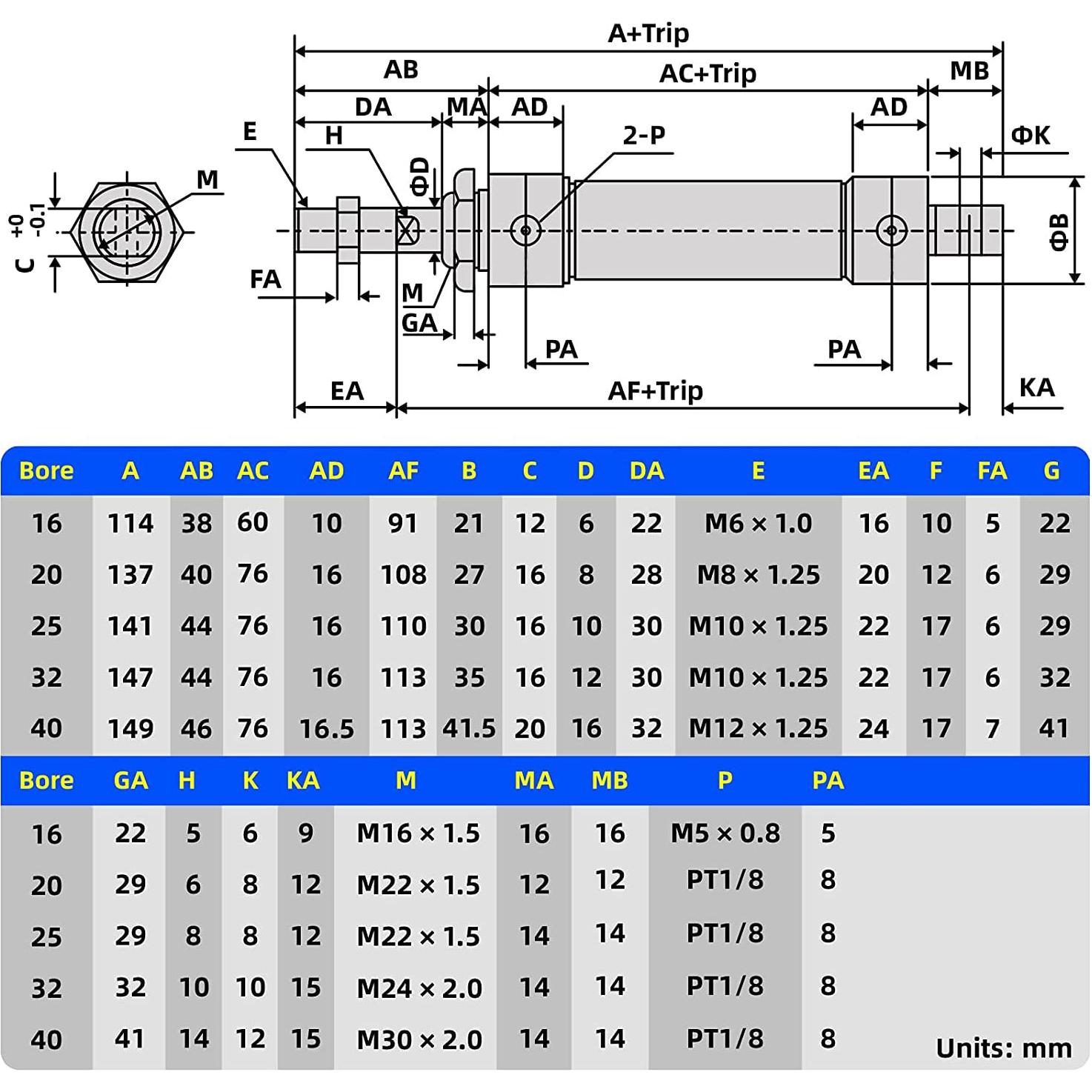 Cilindro de Aire TAILONZ 25mm Diámetro 125mm Carrera Doble