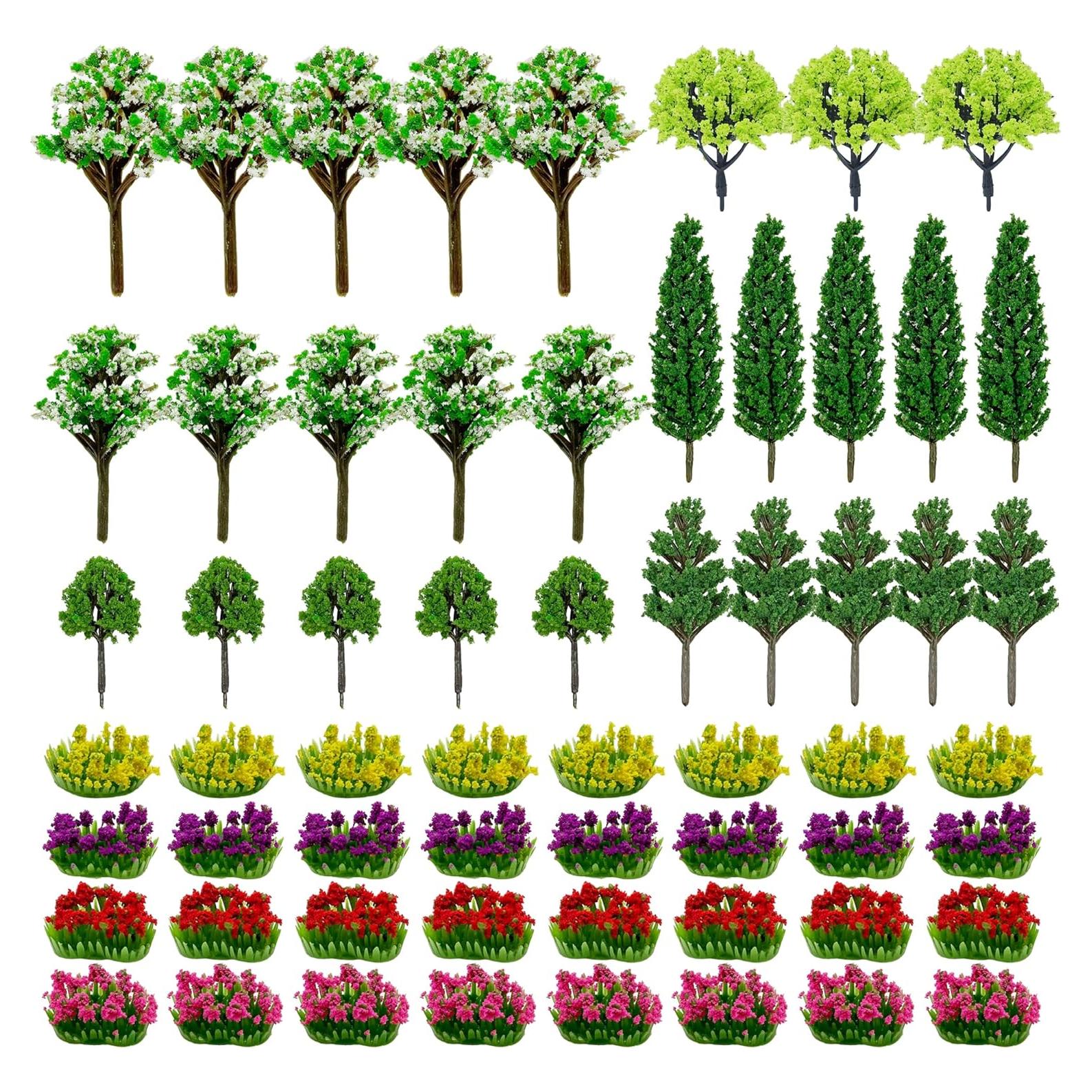 Cayway 60 PCS Miniature Trees Miniature Flower Cluster Mixed Model Trees Accessories Model Train Scenery Fake Trees for Building Model, Model Scenery for DIY Crafts