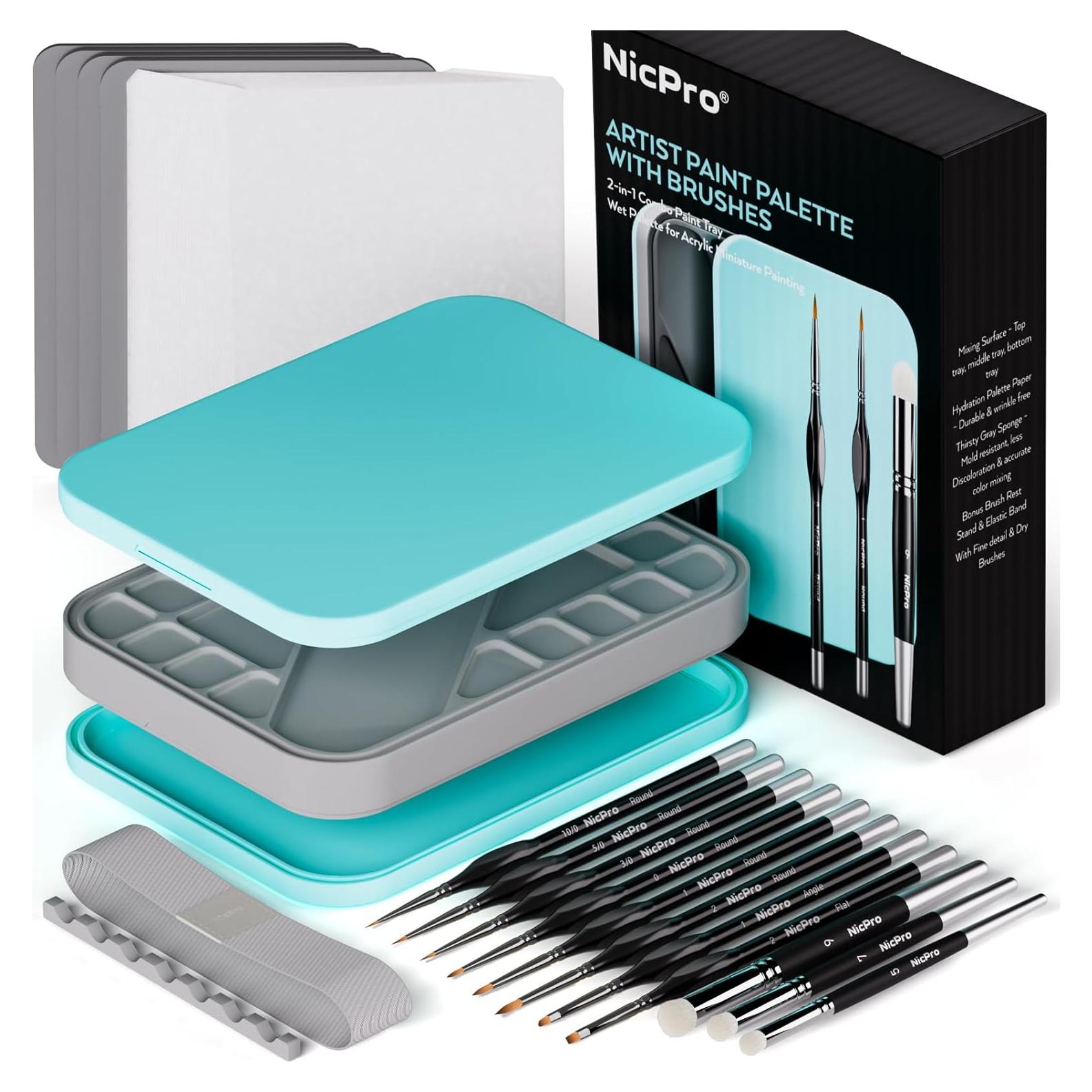 Kit de Pintura en Miniatura Nicpro con Paleta Húmeda y 11 Pinceles