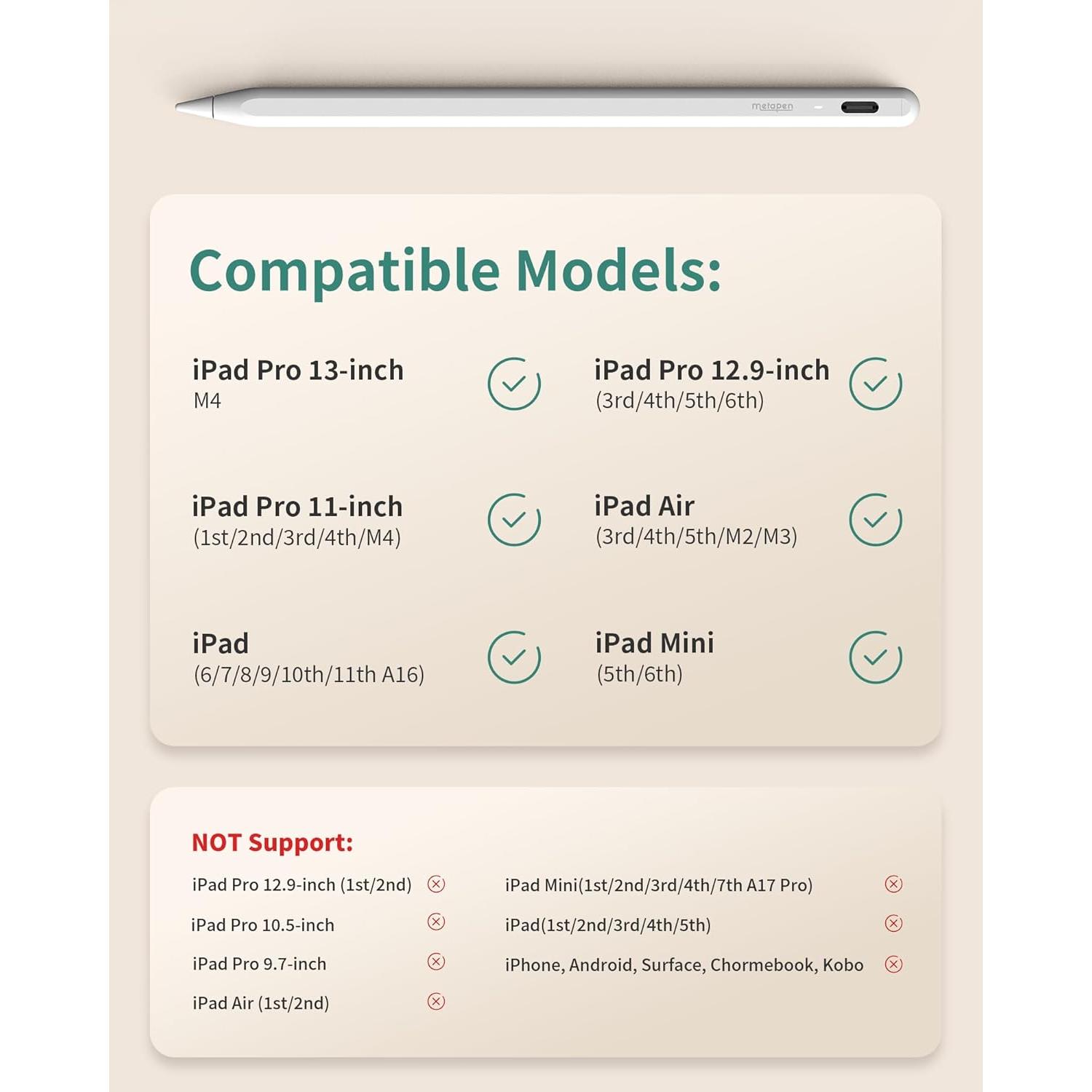 Metapen Pencil A8 para iPad 2018-2025, Carga Rápida, Blanco