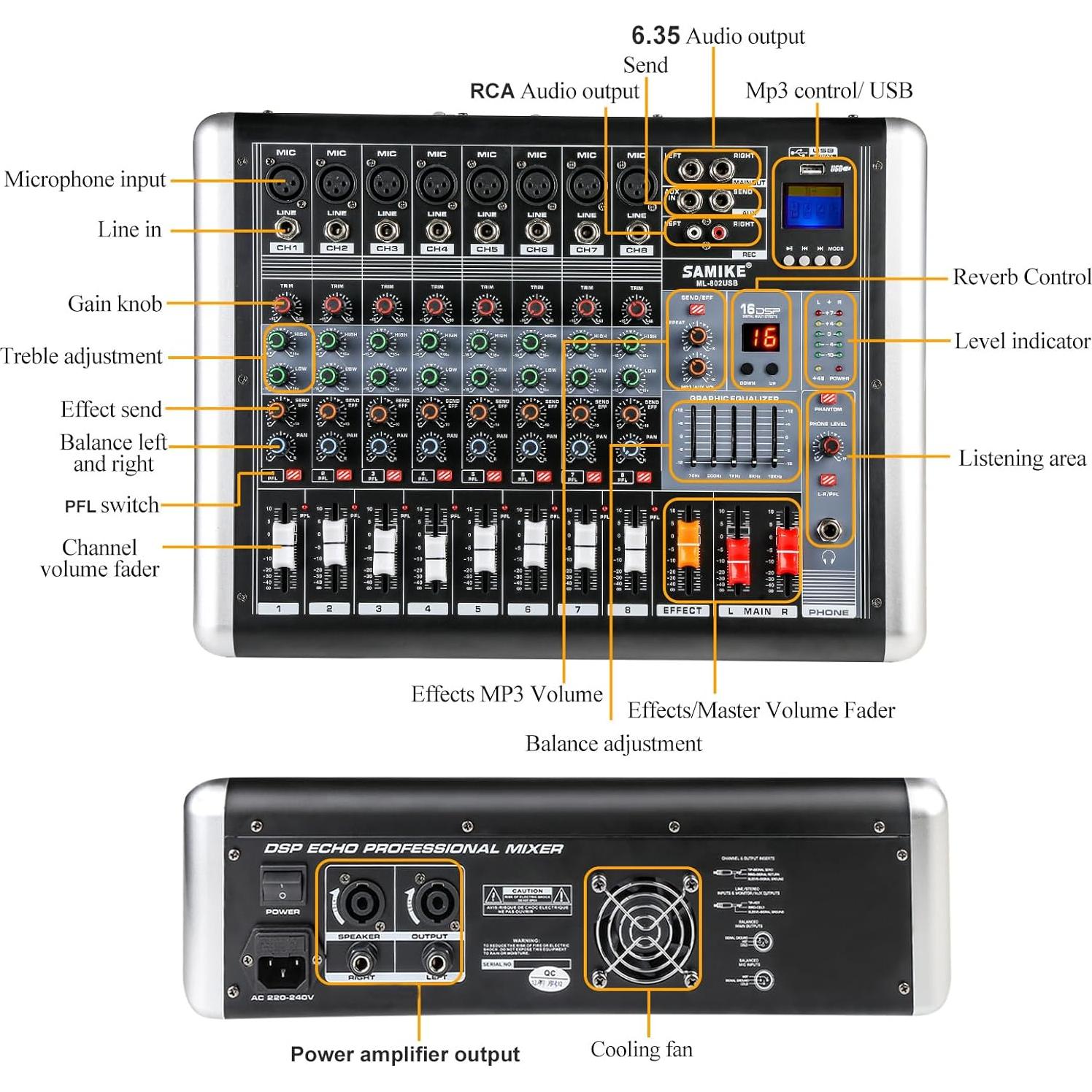 Mezclador de Audio 8 Canales 300W Amplificador DJ con Efectos
