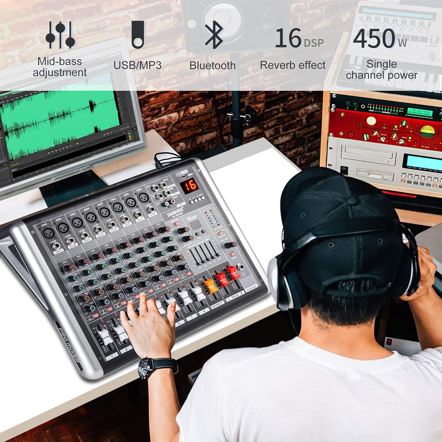 Mezclador de Audio 8 Canales 300W Amplificador DJ con Efectos