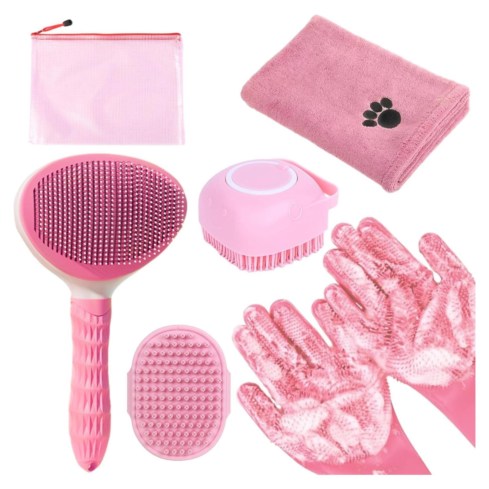 Kit de Aseo para Mascotas KUEIOX - Cepillos y Toalla Rosa