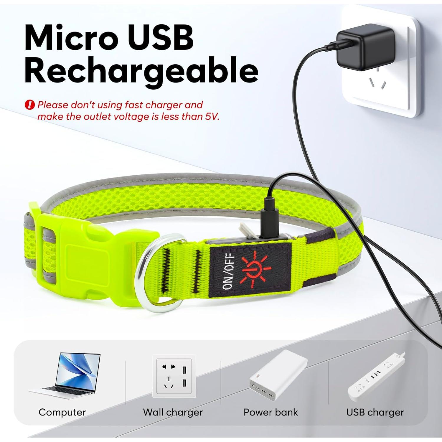 Collar de Perro LED Yuansen Verde Neón Pequeño Recargable