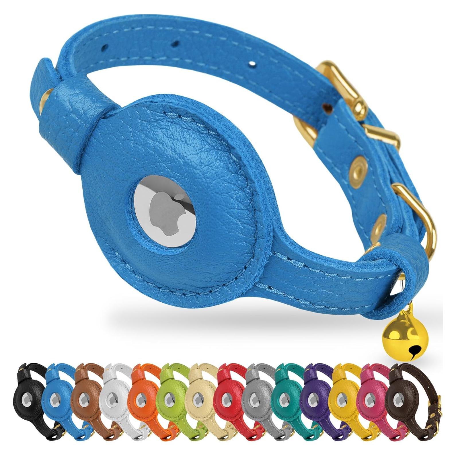Collar de gato OOPSDOGGY de cuero para AirTag azul