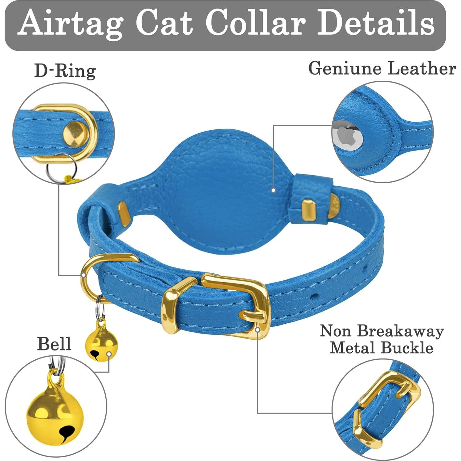 Collar de gato OOPSDOGGY de cuero para AirTag azul