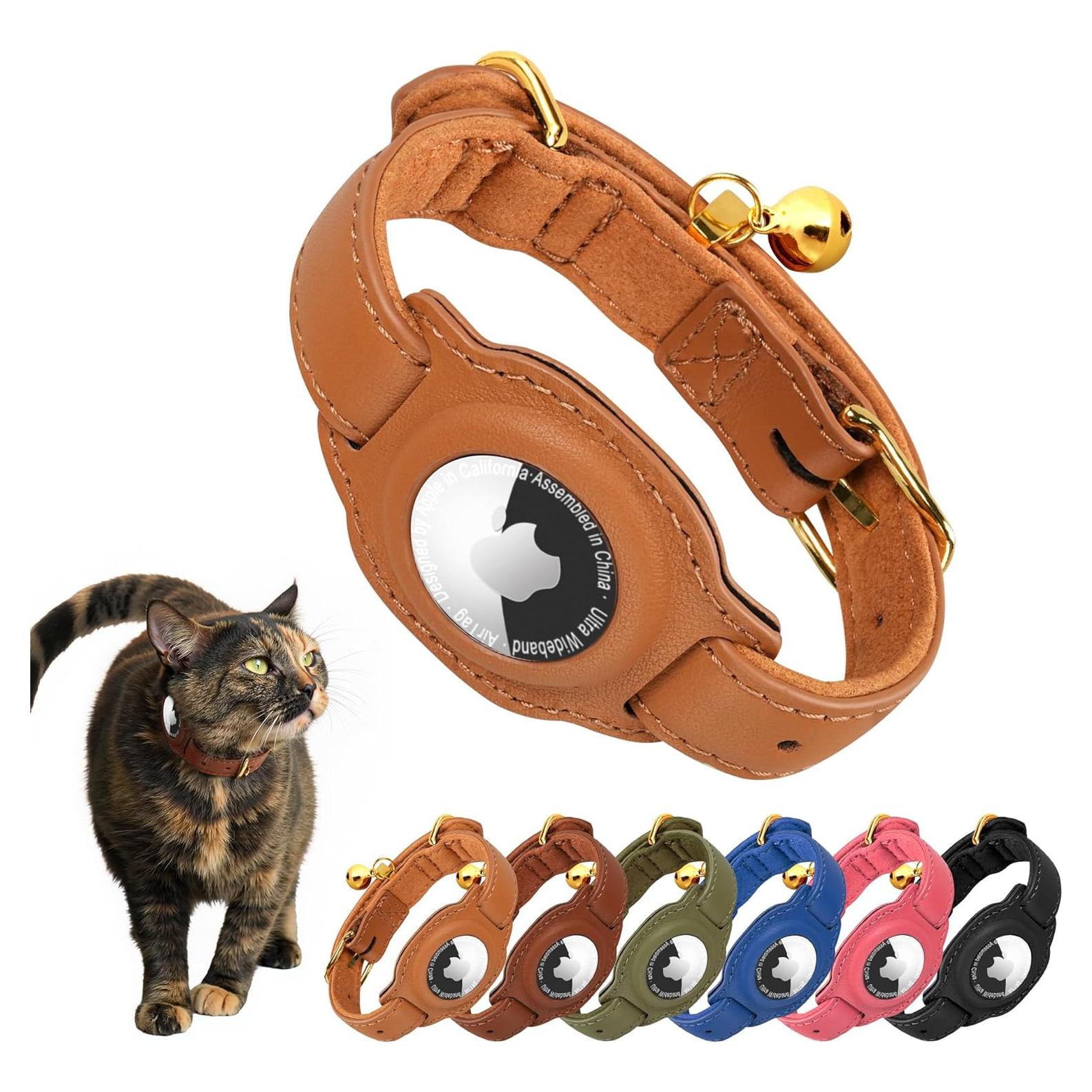 Collar para Gato AirTag Jowlroel Cuero Marrón Claro 33cm