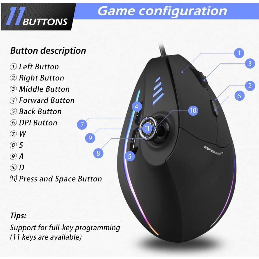 Ratón Gaming Vertical C-18 LAURAG 11 Botones 10000DPI RGB