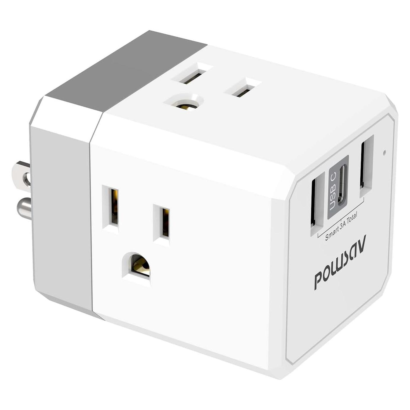 Divisor de Salida 3 Lados POWSAV con 3 Puertos USB Blanco